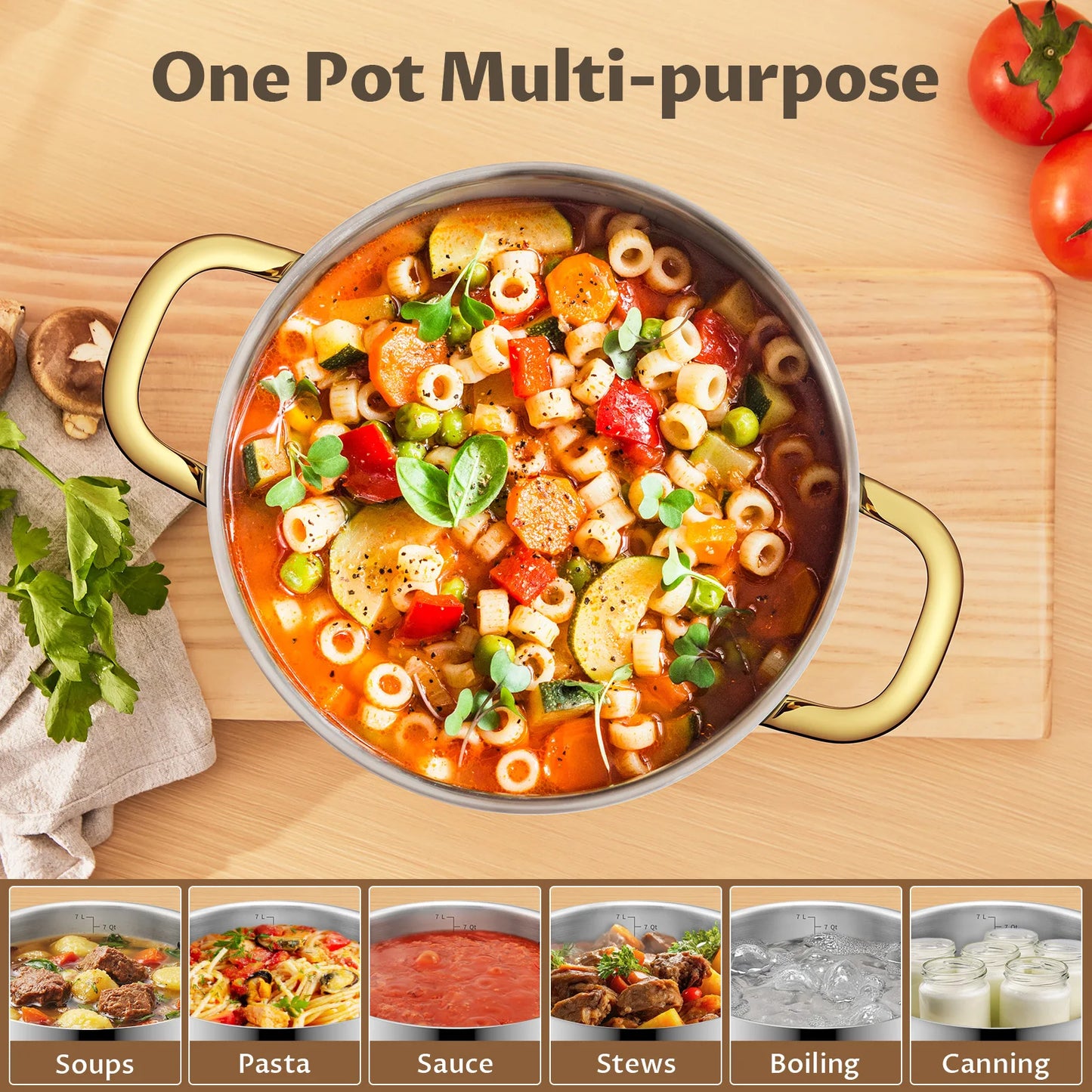 6/8/12 QT Stainless Steel Stockpot with Lid, Induction Compatible Cooking Pots, Triple-Layer Bottom for Even Heat, Pasta &