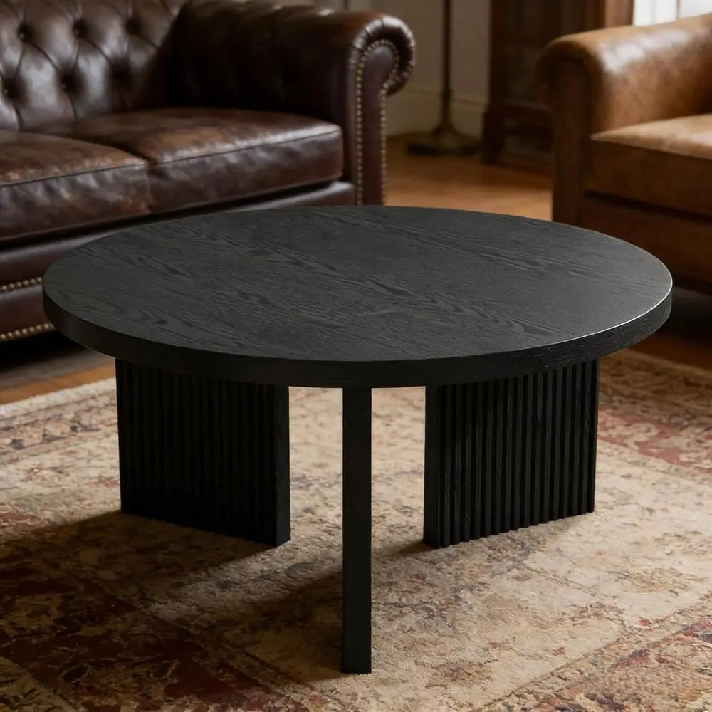 Round Wooden Coffee Table, 35 Thick Top, X-Leg Design, Low Circle Accent Table for Living Room, Office, Black