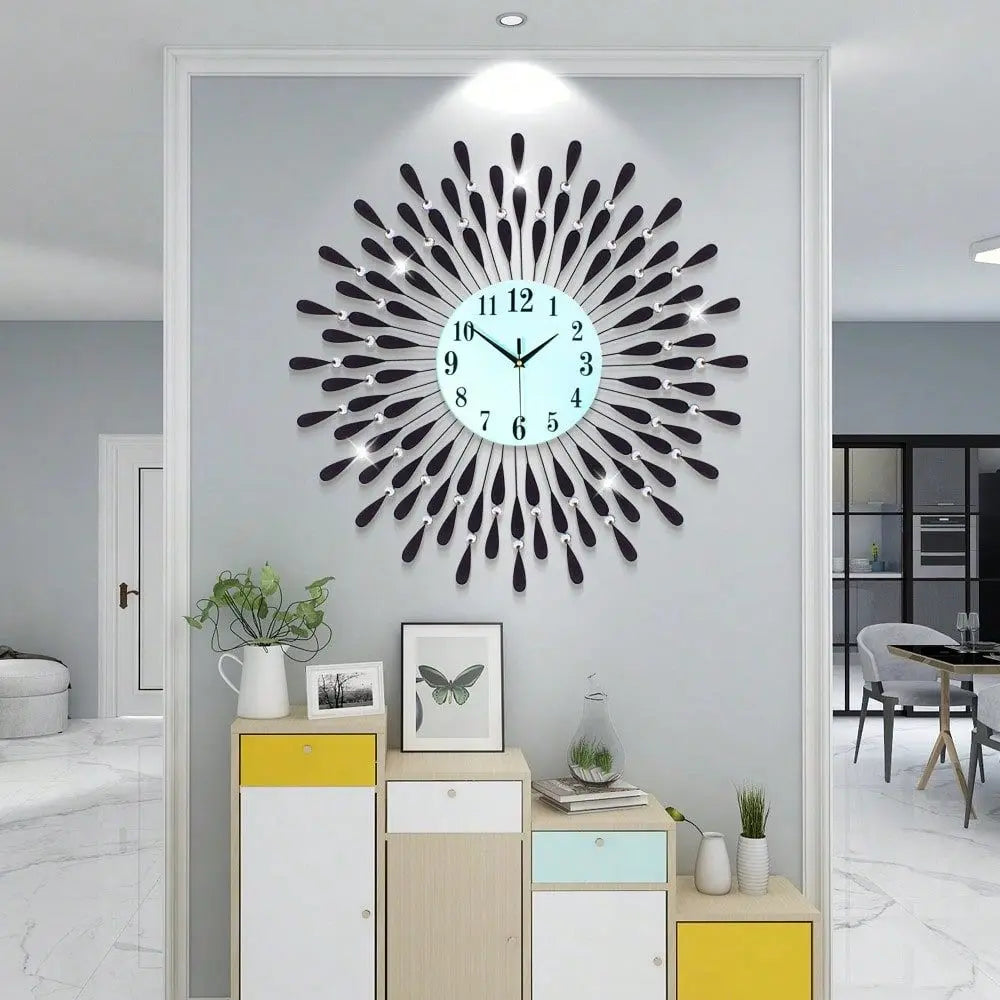 27 Inch Luxury Large Wall Clock For Living Room Decor Non-Ticking Quiet Decorative Metal Crystal Wall Clocks Modern Bling Big D