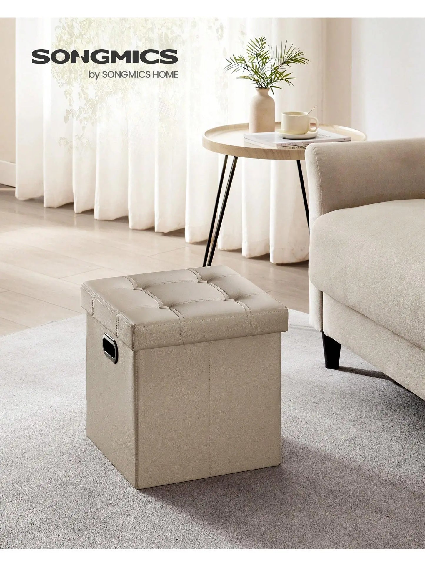 SONGMICS 15 Inches Folding Storage Ottoman, Cube Footrest, Puppy Step, Coffee Table With Hole Handles, Max. Static Load 660 Lb,