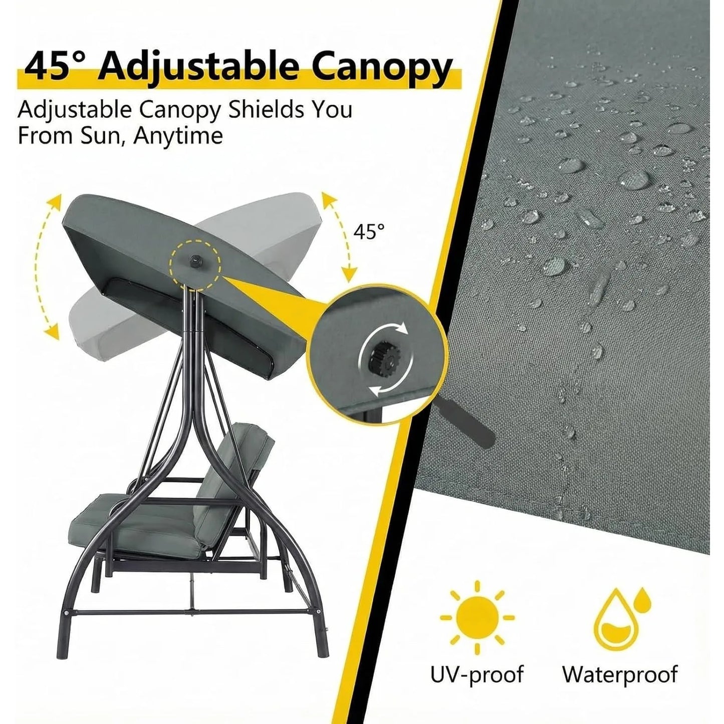 3-Seat Patio Swing with Adjustable Canopy & Backrest, Outdoor Porch Swing Chair for Adults