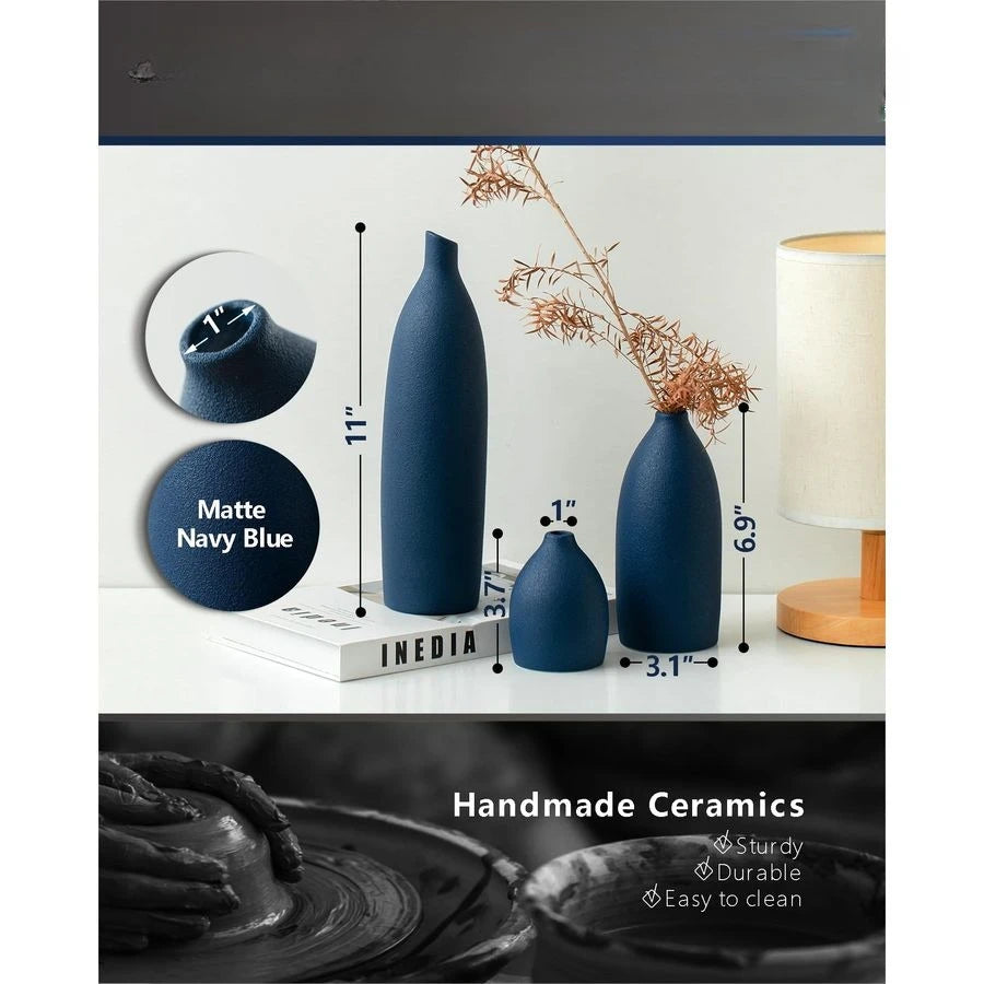 Blue Vase Set Navy Blue Decor Coastal Decor Vases for Kitchen Island Living Room Office Table Fireplace Mantle Decorations amp B