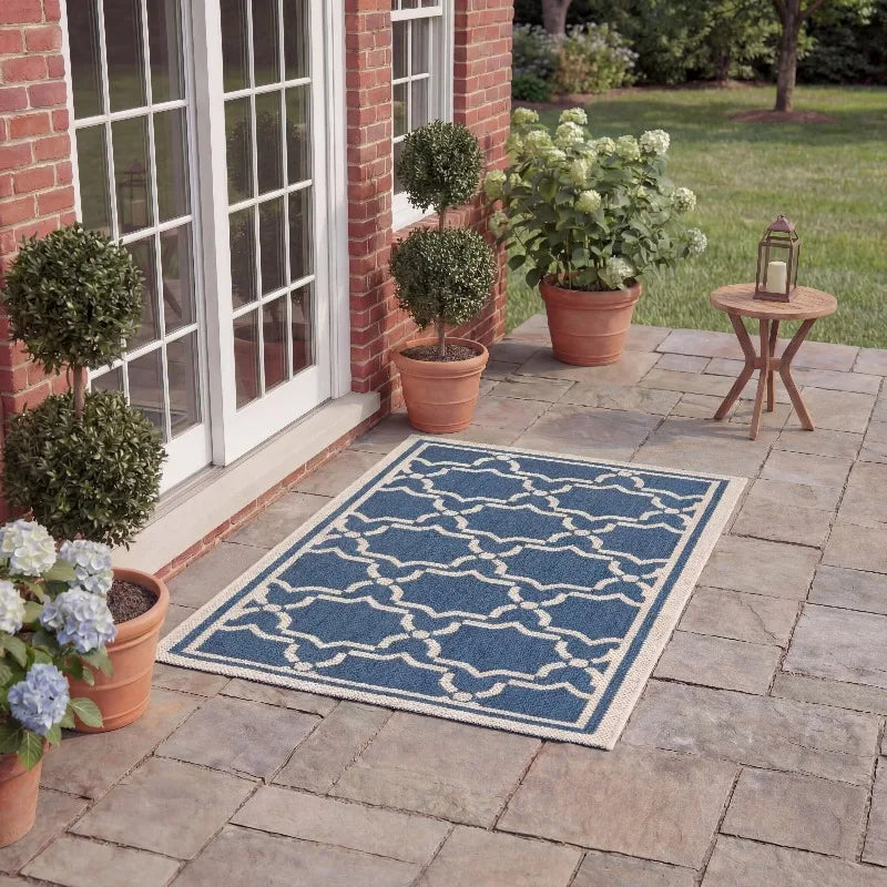 Geometric Bordered Indoor/Outdoor Area Rug, 2' x 3'7", Blue/Beige