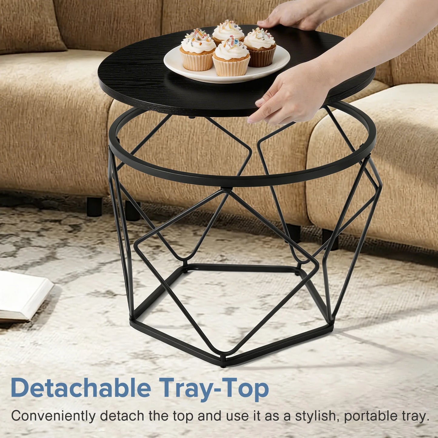 20IN Round Geometric Coffee Table Set of 2 Movable End Tables for Living Room Nesting Side Tables with Hidden Storage