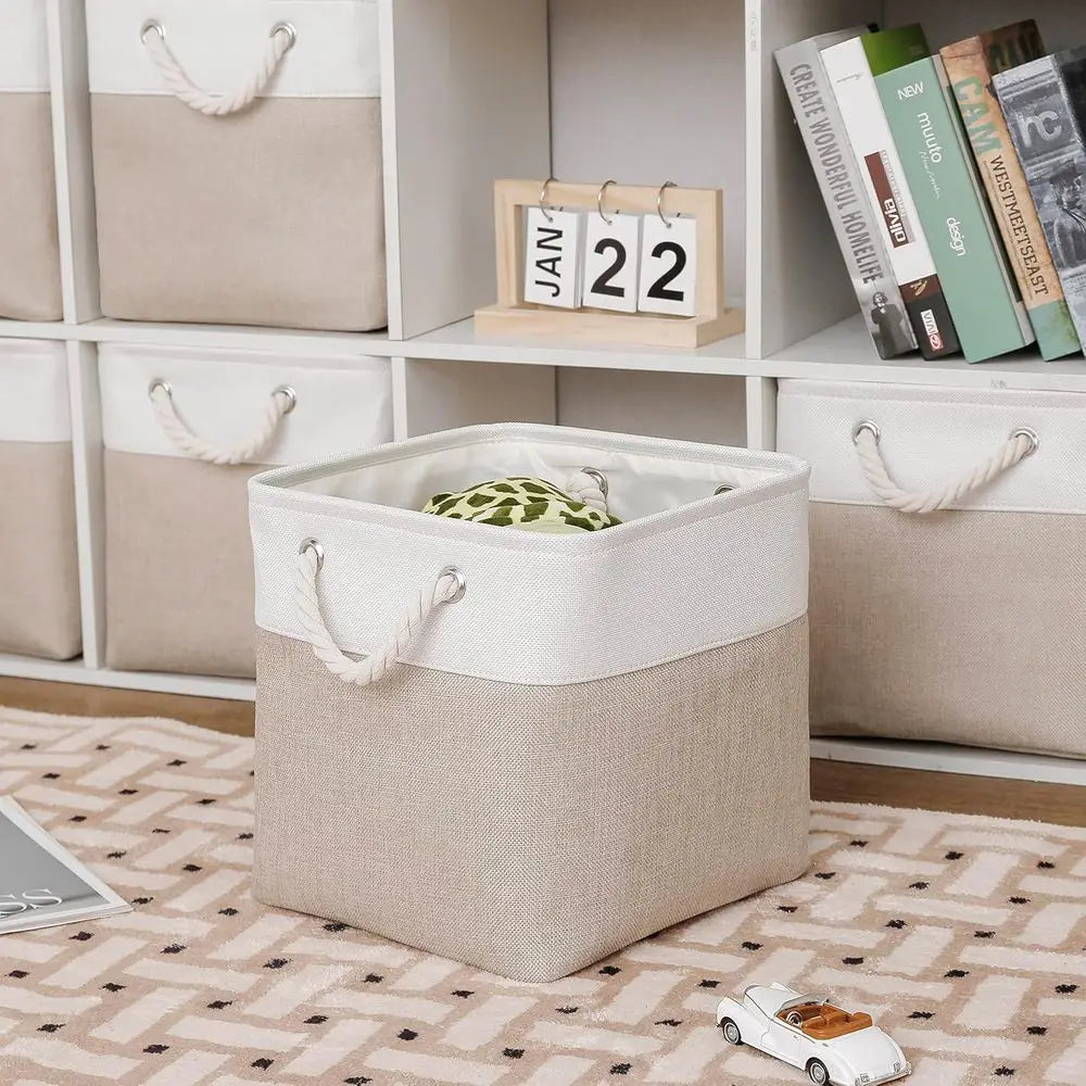 11 x 11 Inch Cube Storage Bins, 6 Pack Large Collapsible Fabric Storage Bin with Ropes, Foldable Storage Cubes for Home, Office,