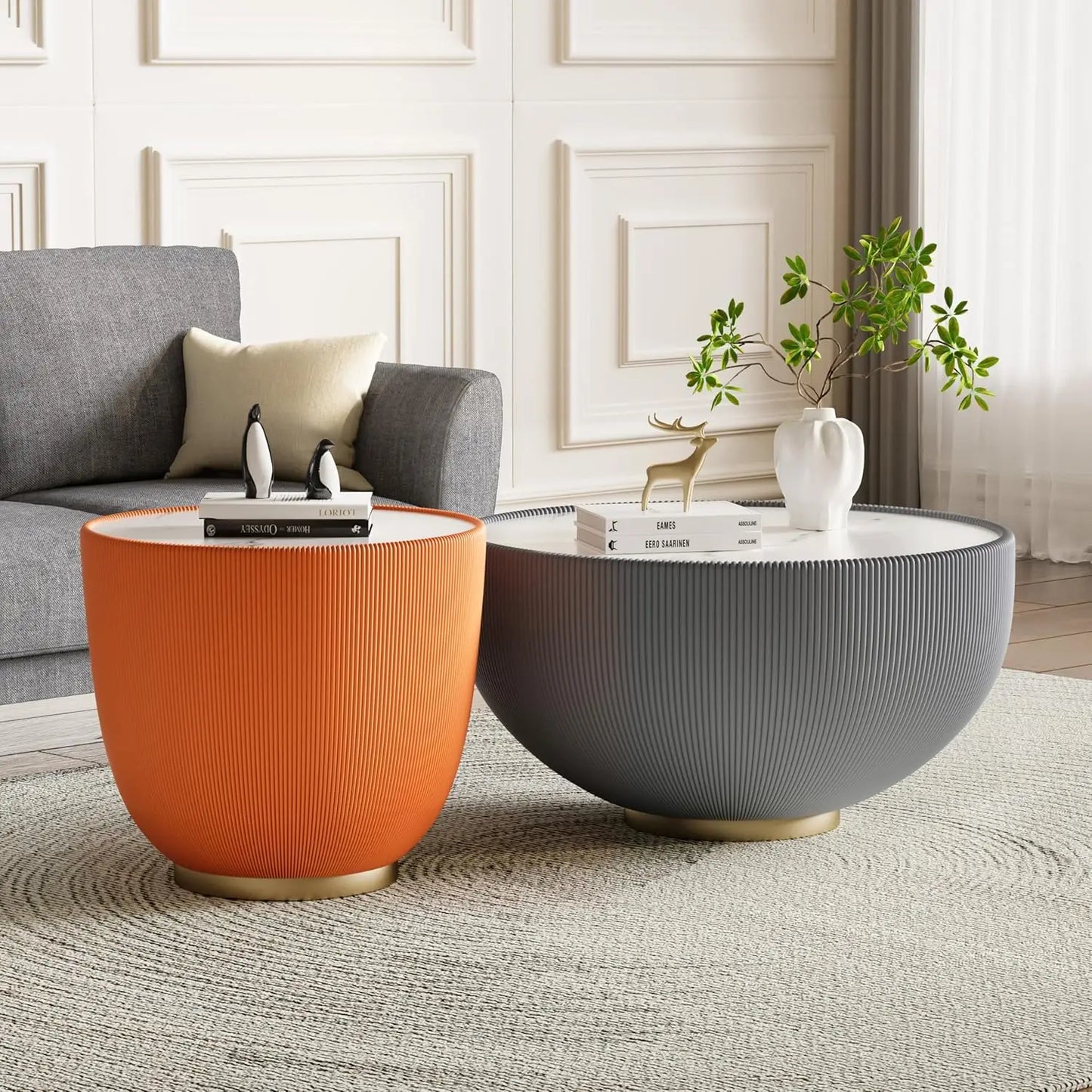 Round Grey 2-Piece Coffee Table Set 29.5in & 17.7in Sintered Stone Top Fluted PU Leather Base Living Room, Customized