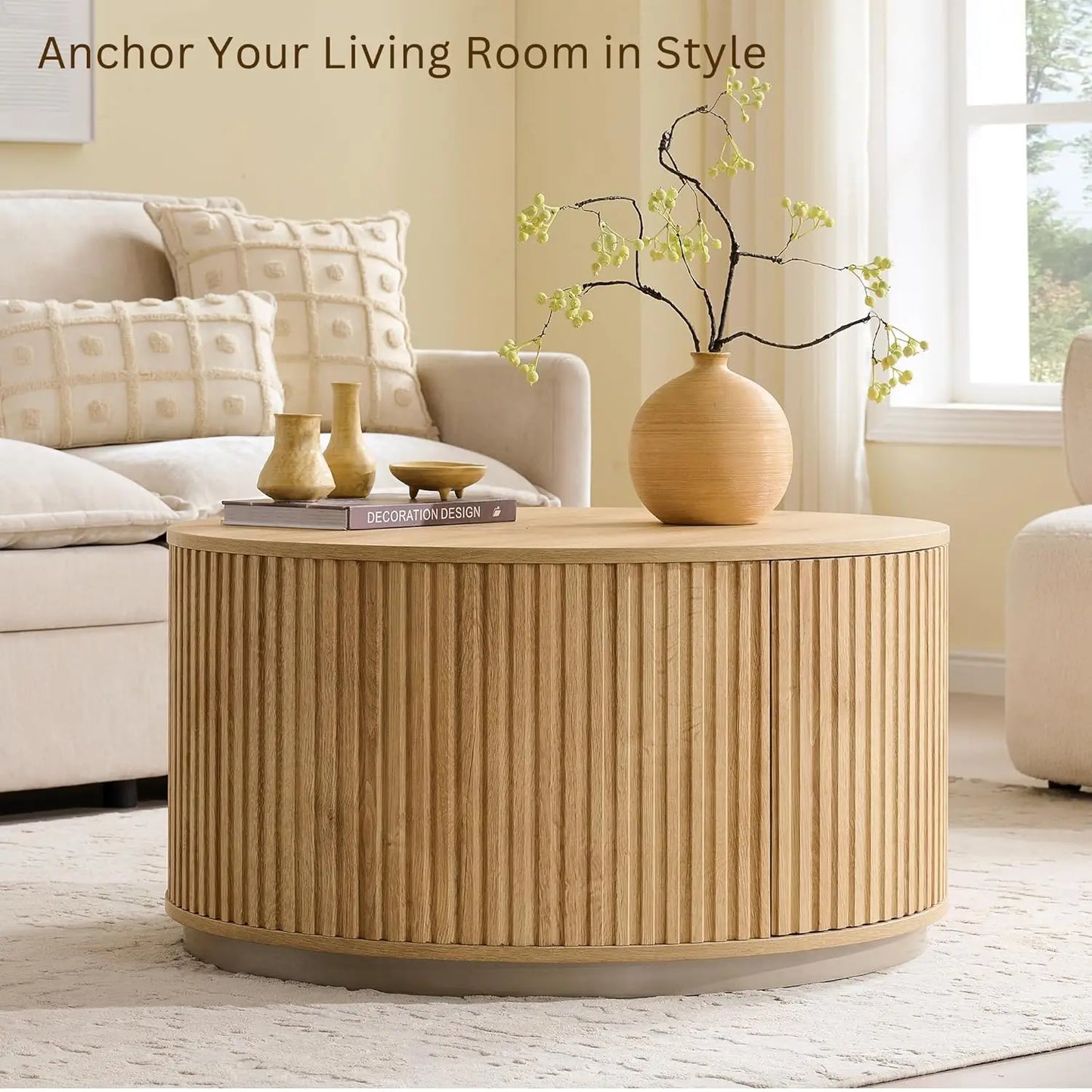 33" Round Coffee Table with Storage, Fluted Drum Coffee Table, Hidden Push-to-Open Drawer, Natural Oak, Custom