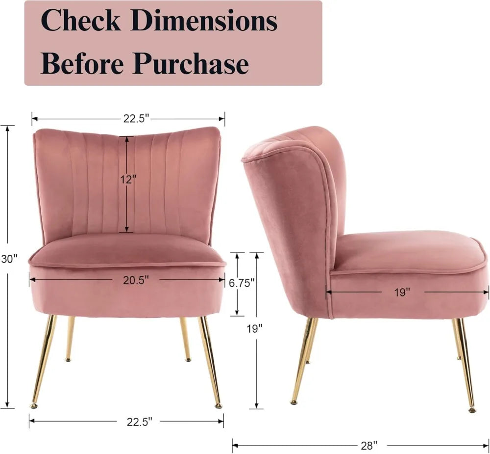 Velvet Accent Chairs Set of 2 Armless Slipper Chair with Golden Legs Mid Century Side Single Sofa for Living Room Bedroom Pink