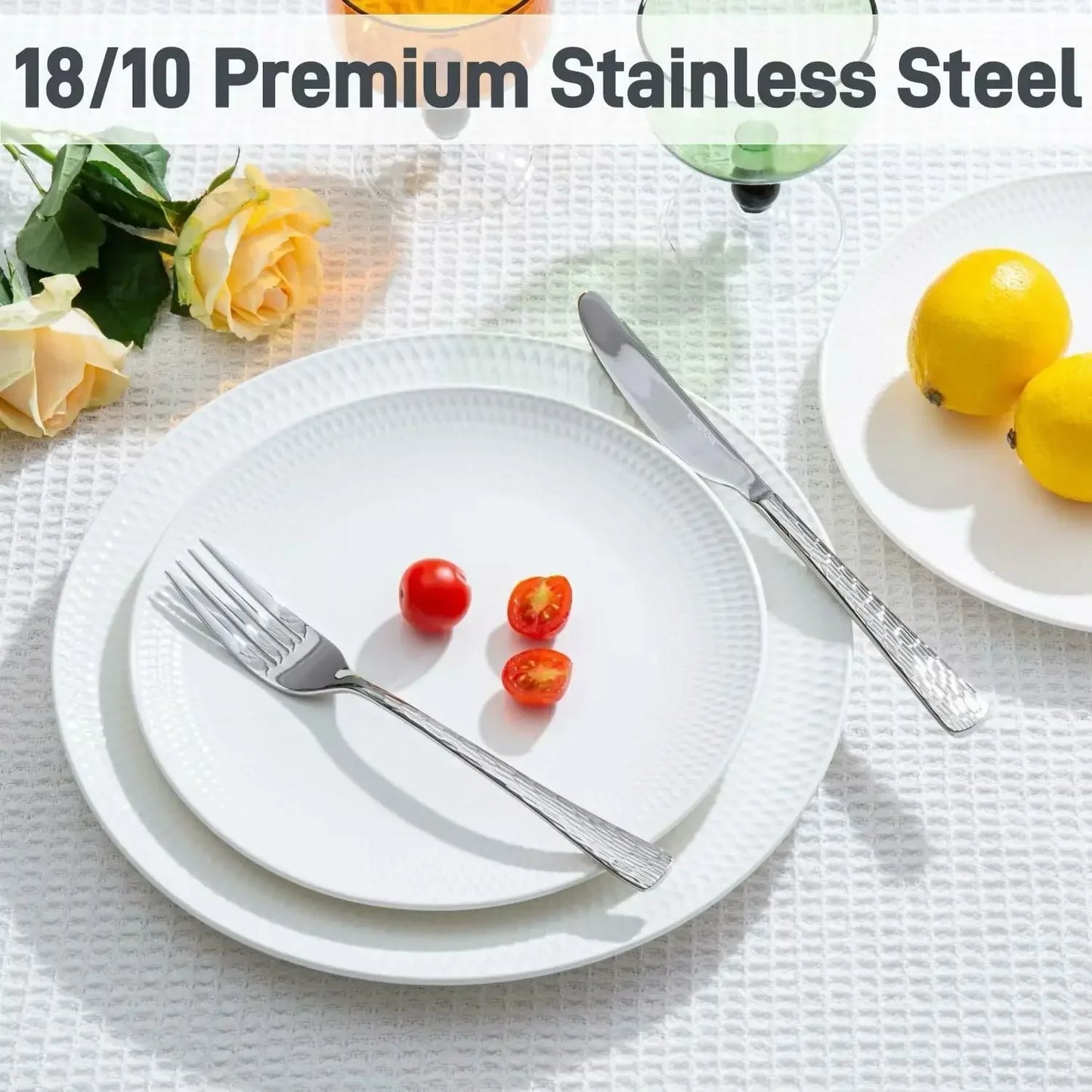 Hammered Silverware Set, Flatware Set with Serving Utensils, 18/10 Stainless Steel Premium Cutlery with Unique Ripple Handles De