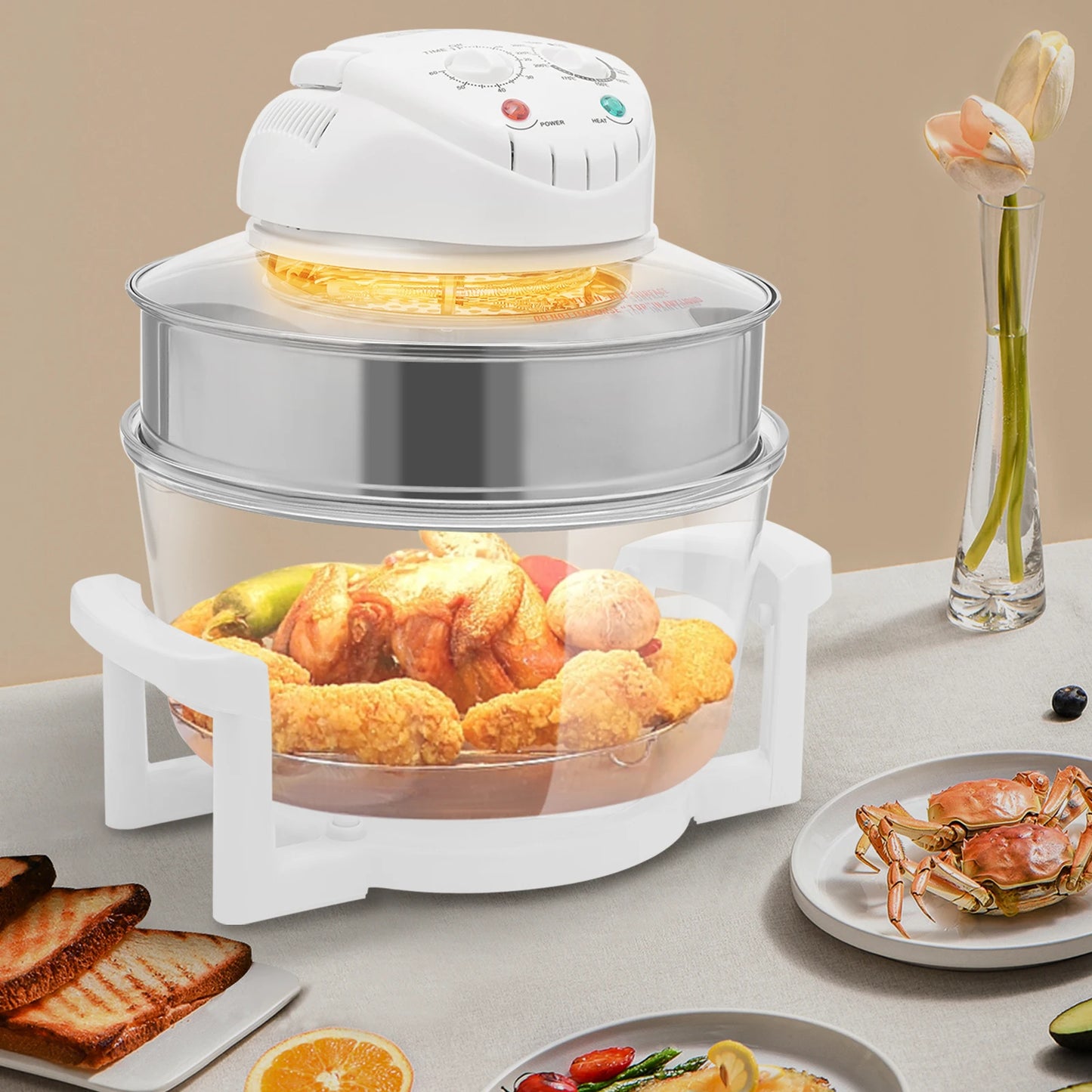 17L Airy Fryer, Adjustable 1400W Glass Air Fryer, 360° Viewable Airy Fryer with Expansion Ring Multifunctional Cooker