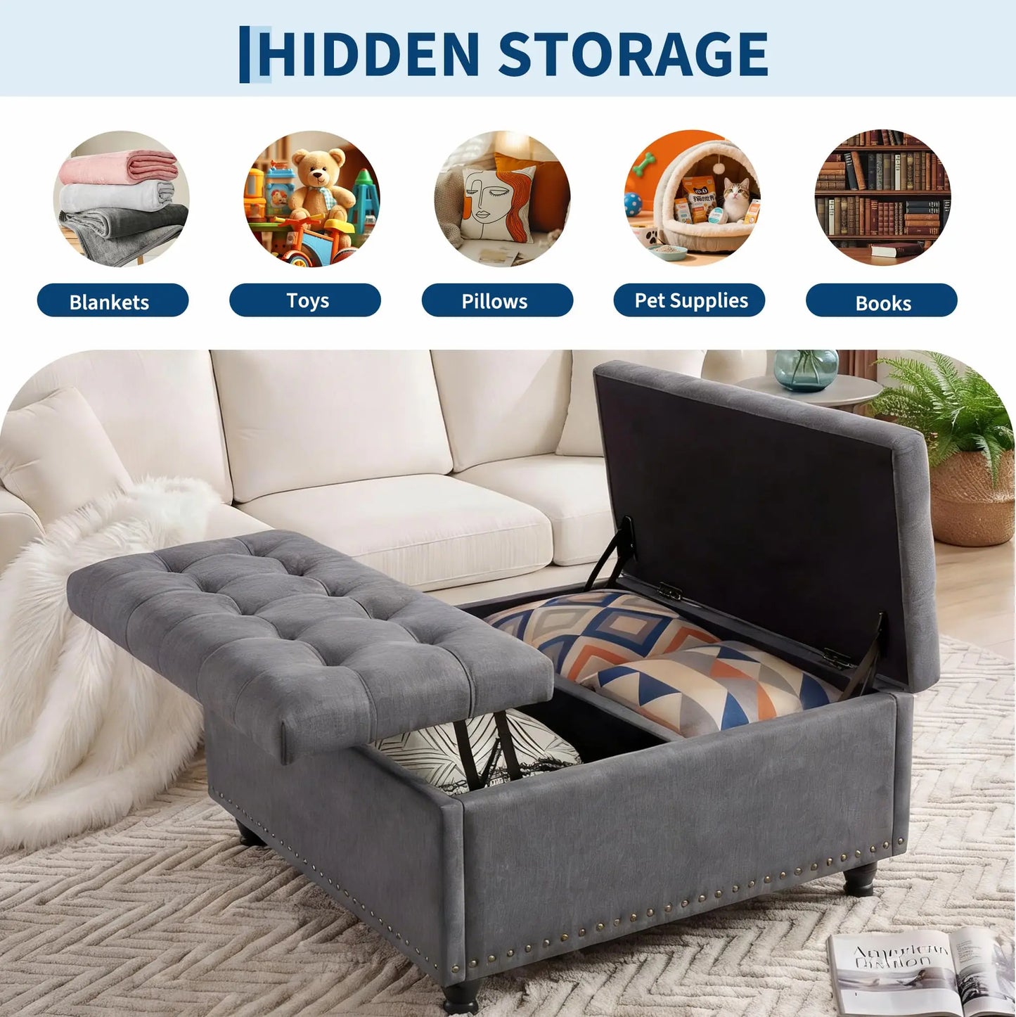 36 Inch Square Lift Top Storage Ottoman, Upholstered Ottoman Bench with 169L Large Hidden Storage Space, Tufted Padded Seat with Wood Legs, Multi-Functional Footrest Coffee Table or Extra Seating, 300LBS Capacity