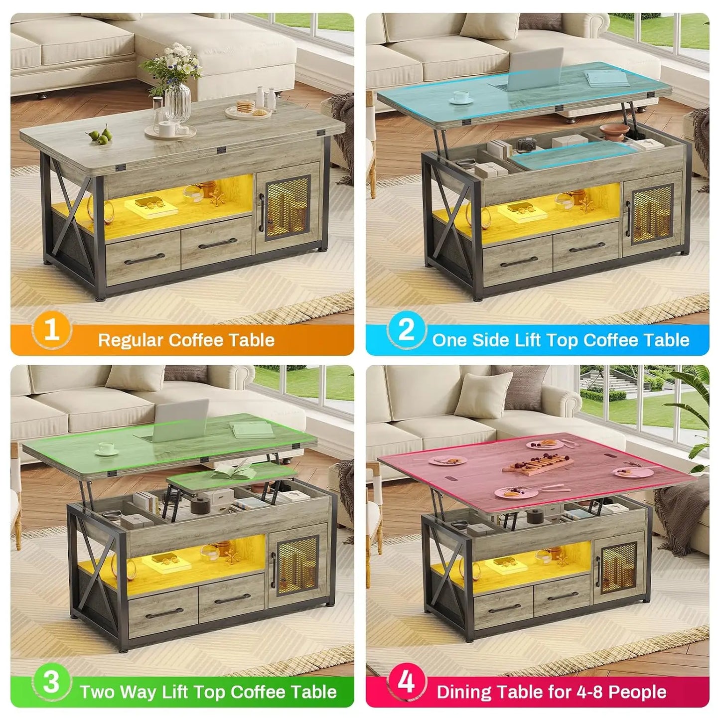 40" Farmhouse 4-in-1 Lift Top Coffee Table with Storage Cabinet for Living Room, Custom
