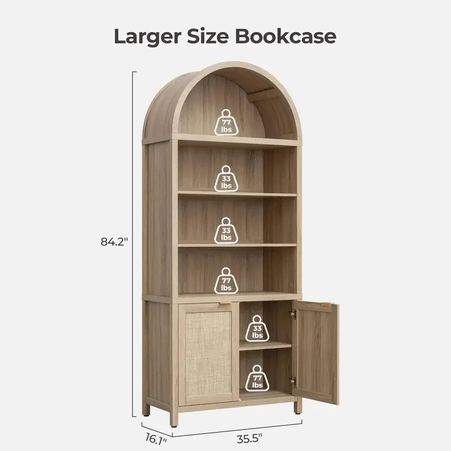 Book Shelf Arched Cabinet Bookshelf Arch 84.2 Tall Bookcase 5 Tier Large Bookshelves with Doors Storage Rattan Boho Wide Book S