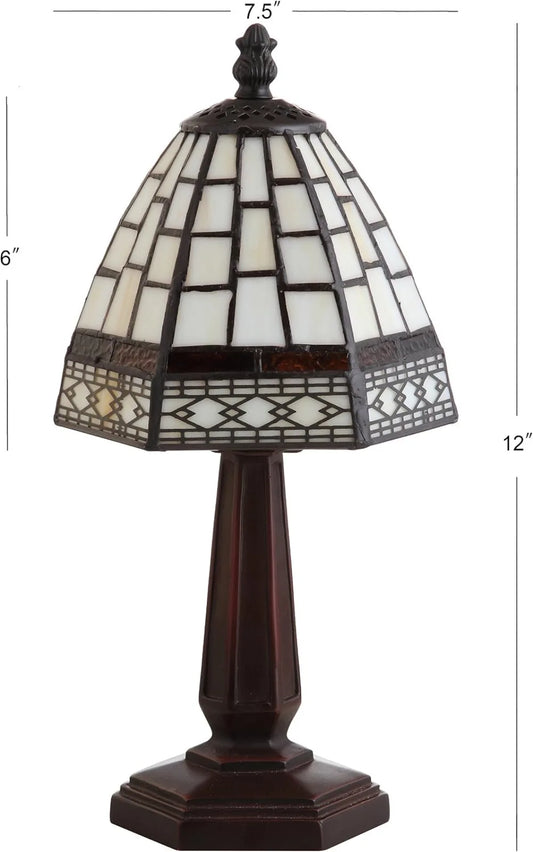 12" Brown Tiffany-Style Table Lamp for Bedroom Nightstand Decor, Ivory Cream Stained Glass Shade, Small Vintage Handcrafted LED Bedside Lamp