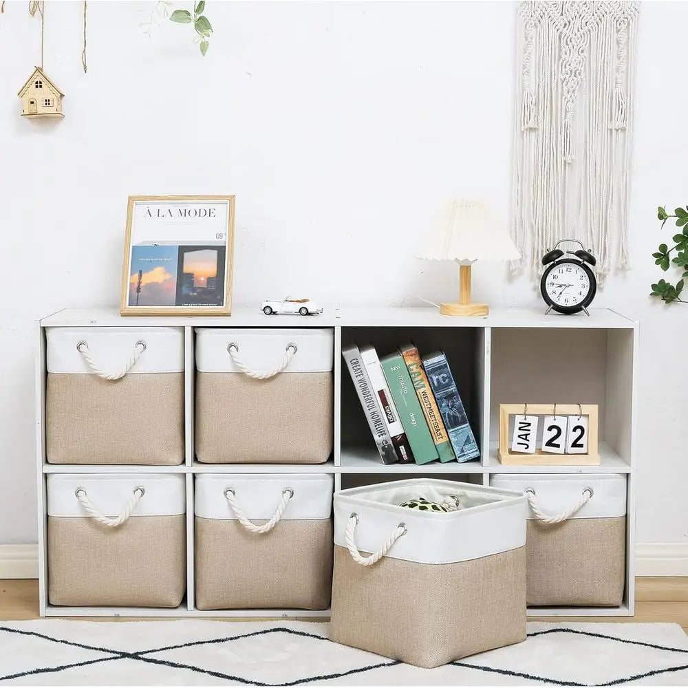 11 x 11 Inch Cube Storage Bins, 6 Pack Large Collapsible Fabric Storage Bin with Ropes, Foldable Storage Cubes for Home, Office,