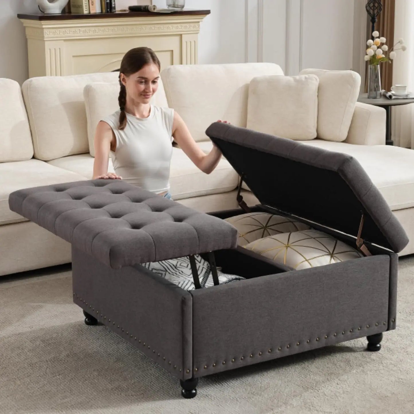 Large Square Storage Ottoman Tufted Upholstered Coffee Table Lift Top Wooden Legs Oversized Toy Box Living Room, Customized