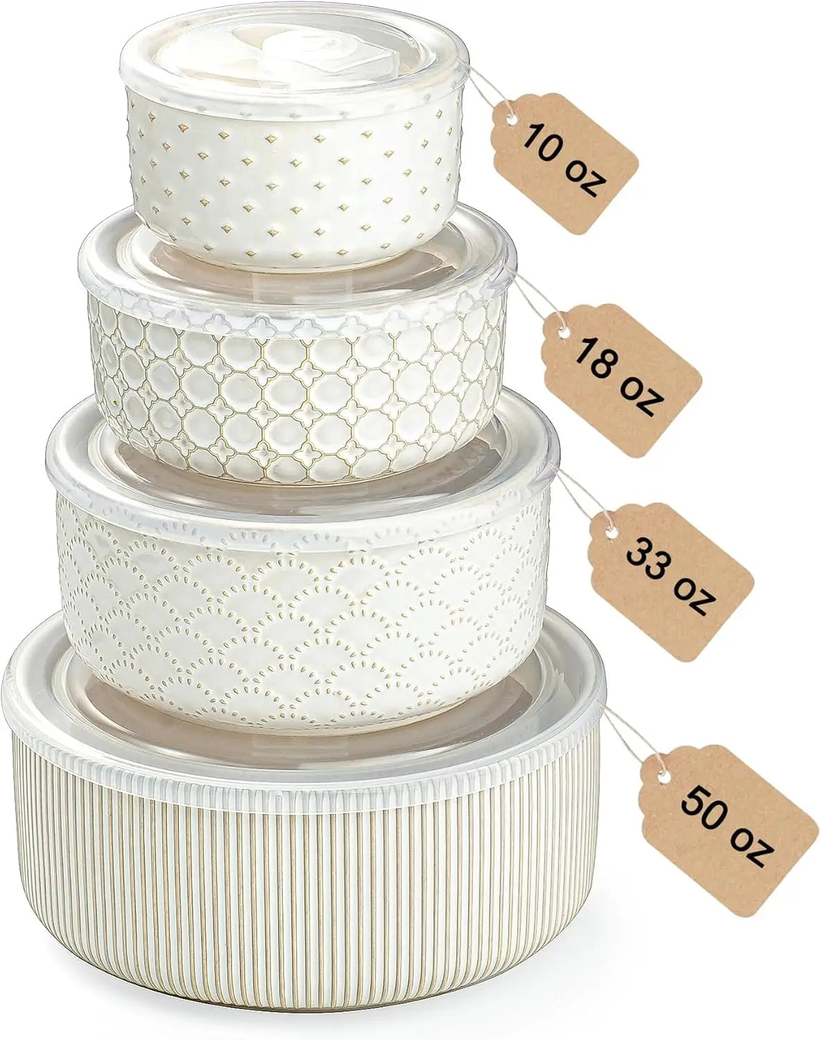 Ceramic Mixing Bowls with Lids Set of 4, Nesting Bowls for Prep & Storage, 10/18/33/50 OZ, Off-White, Microwave & Dishwasher