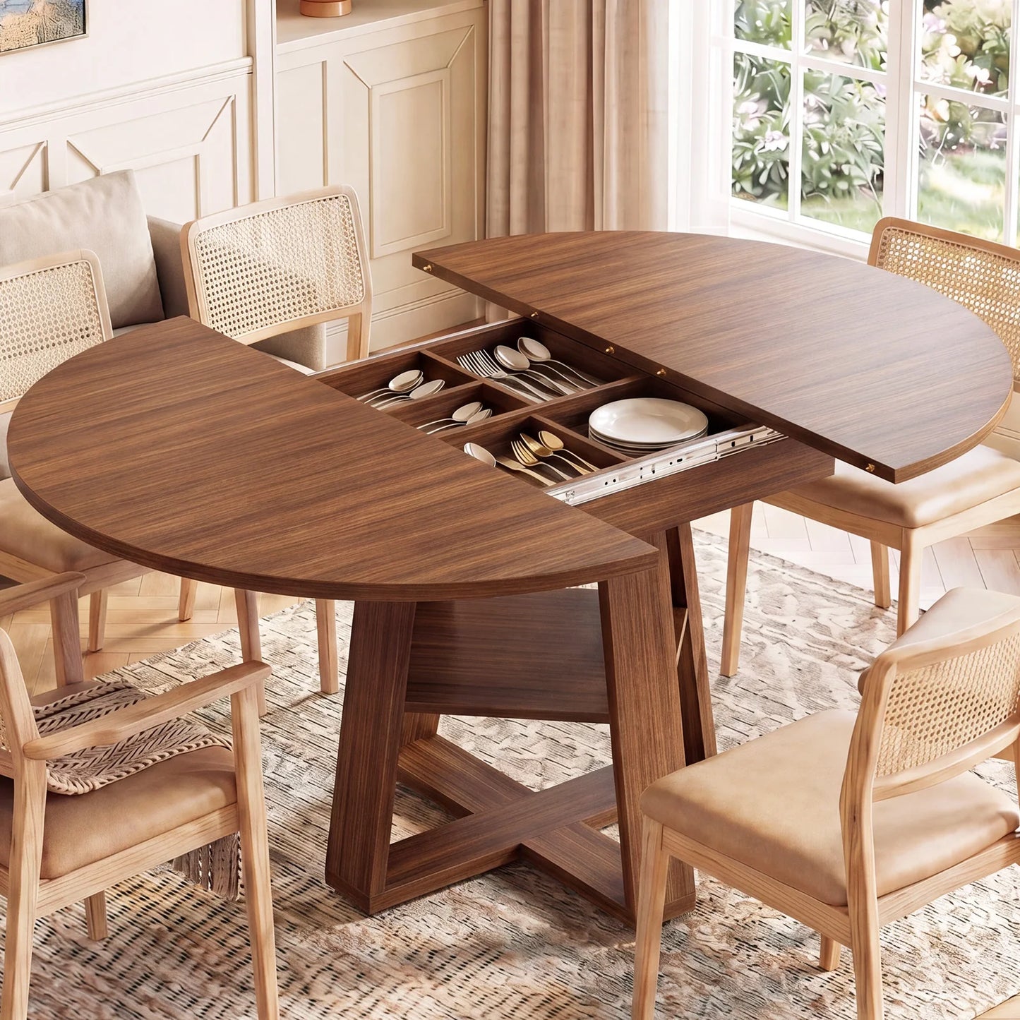 JHK Extendable Wood Round Dining Table Modern Kitchen Oval Dinner Table with Storage Shelf Pedestal Base Space Saving For Home