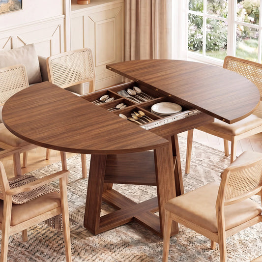JHK Extendable Wood Round Dining Table Modern Kitchen Oval Dinner Table with Storage Shelf Pedestal Base Space Saving For Home