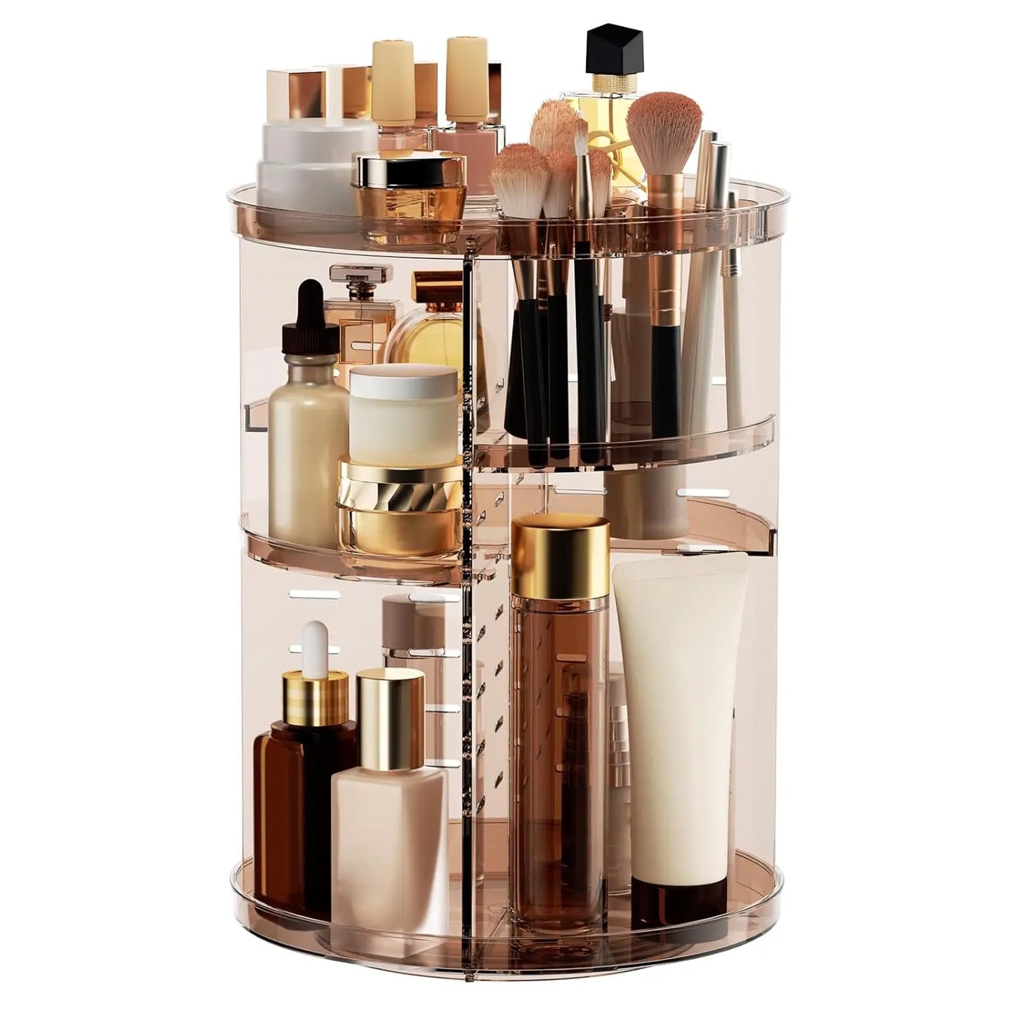 Rotating Makeup Organizer, DIY 8 Adjustable Layers Spinning Skincare Storage, Cosmetic Display Case with Brush Holder and Perfum