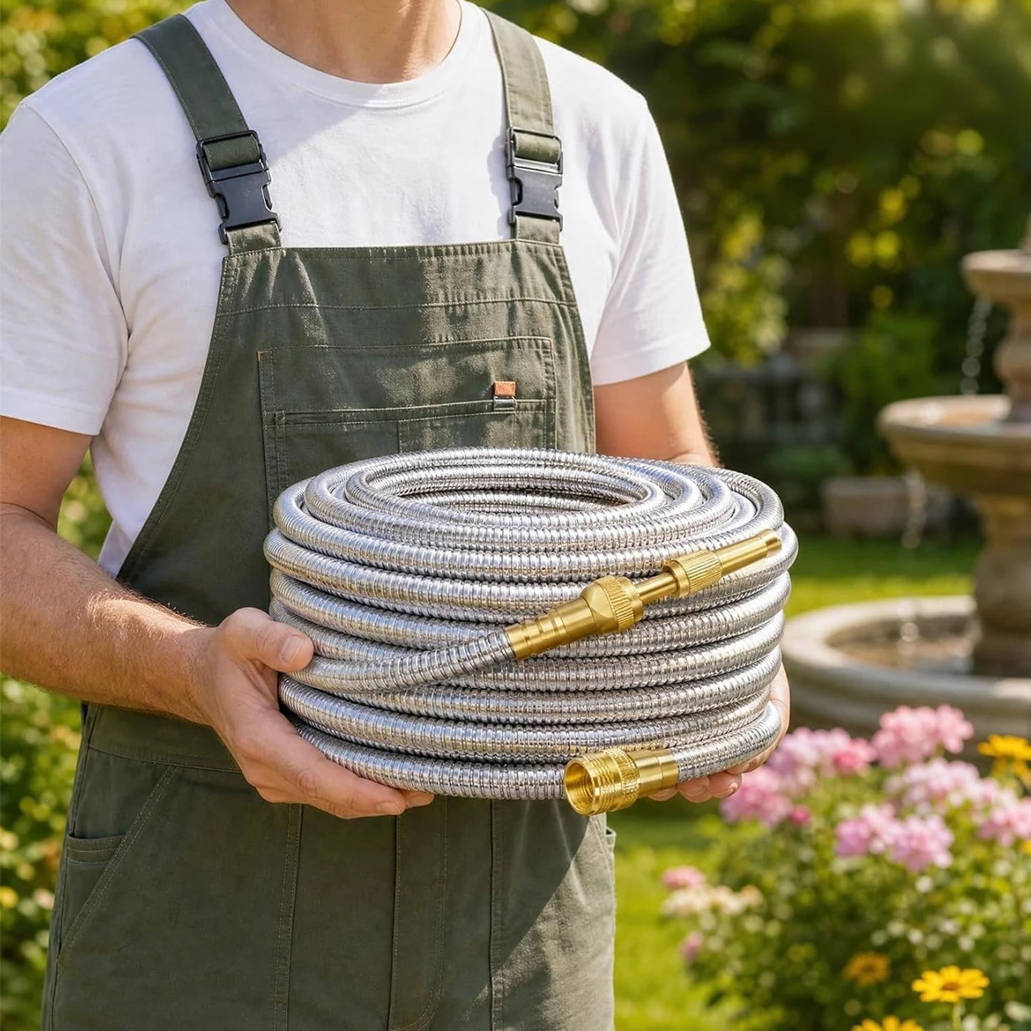 Heavy Duty Stainless Steel Garden Hose With Brass Nozzle, Kink Proof Flexible Metal Water Hose, 25/50/75/100FT