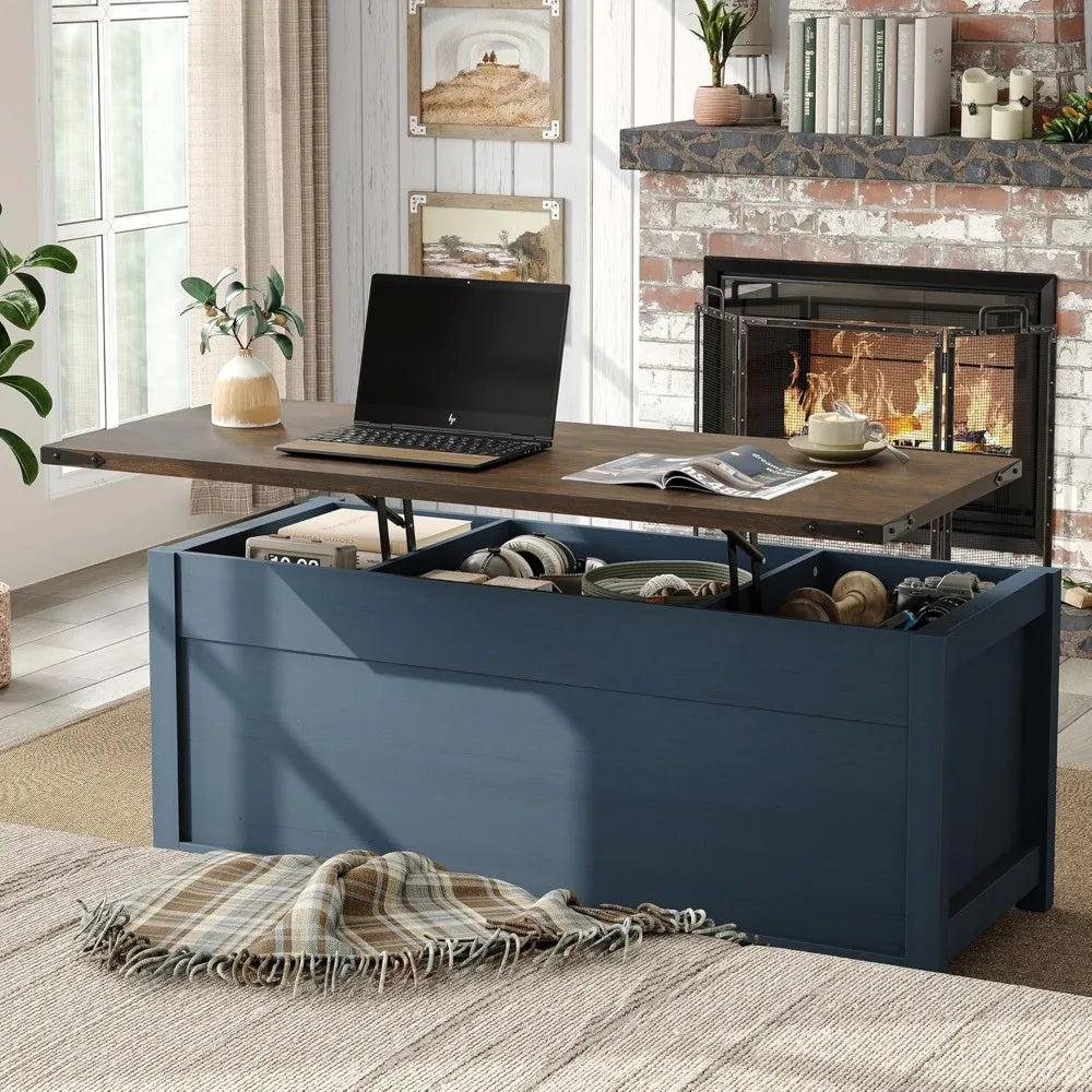 47.3-inch Farmhouse-style Coffee Table with Sliding Barn Door, Modern Wooden Height-adjustable Coffee Table,Customizable