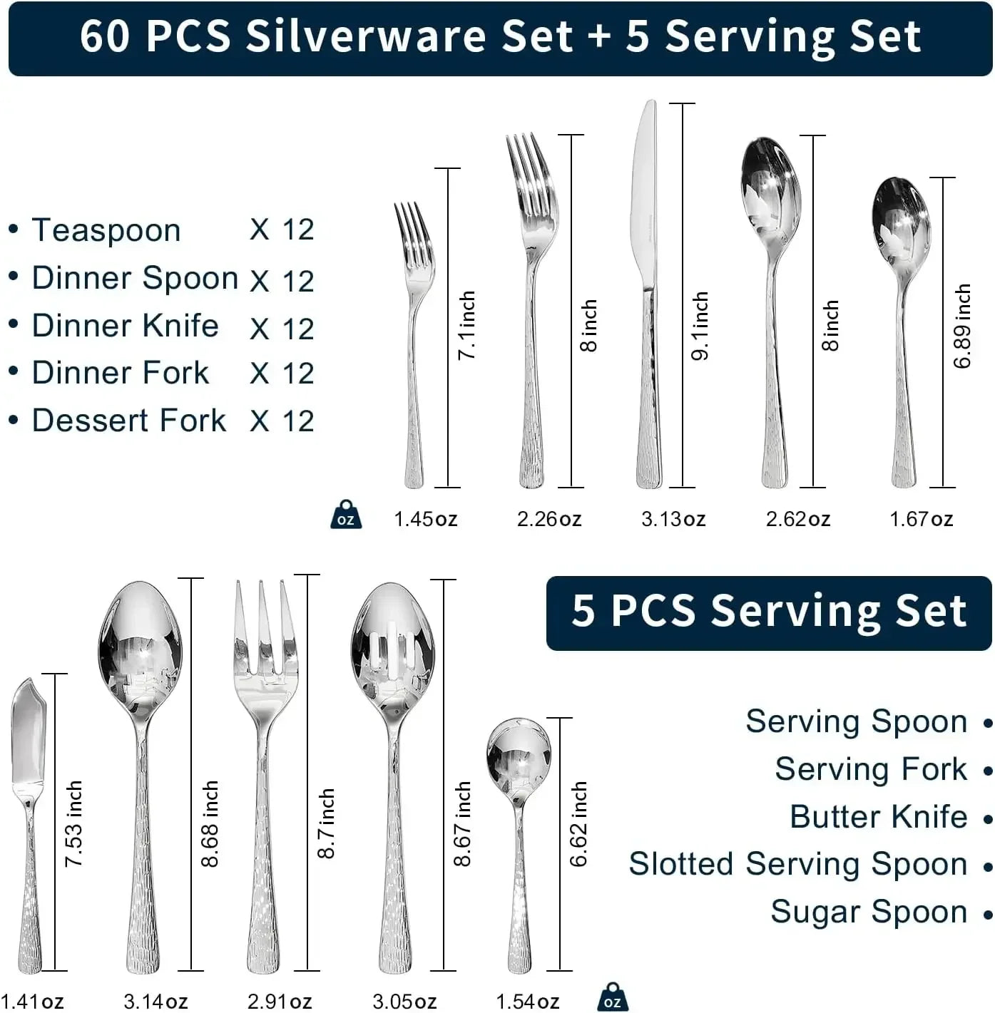 Hammered Silverware Set, Flatware Set with Serving Utensils, 18/10 Stainless Steel Premium Cutlery with Unique Ripple Handles De