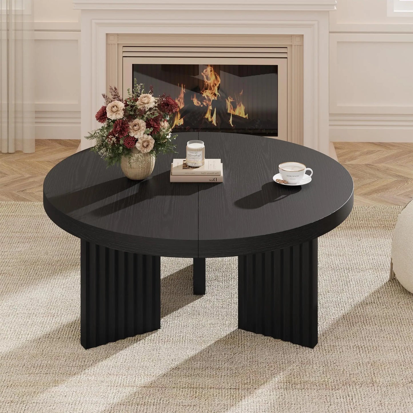 33.5 Inch Round Coffee Table For Living Room, Fluted Leg Circle Center Table With 1.3 Inch Thick Top, Retro Accent Sofa Table For Bedroom
