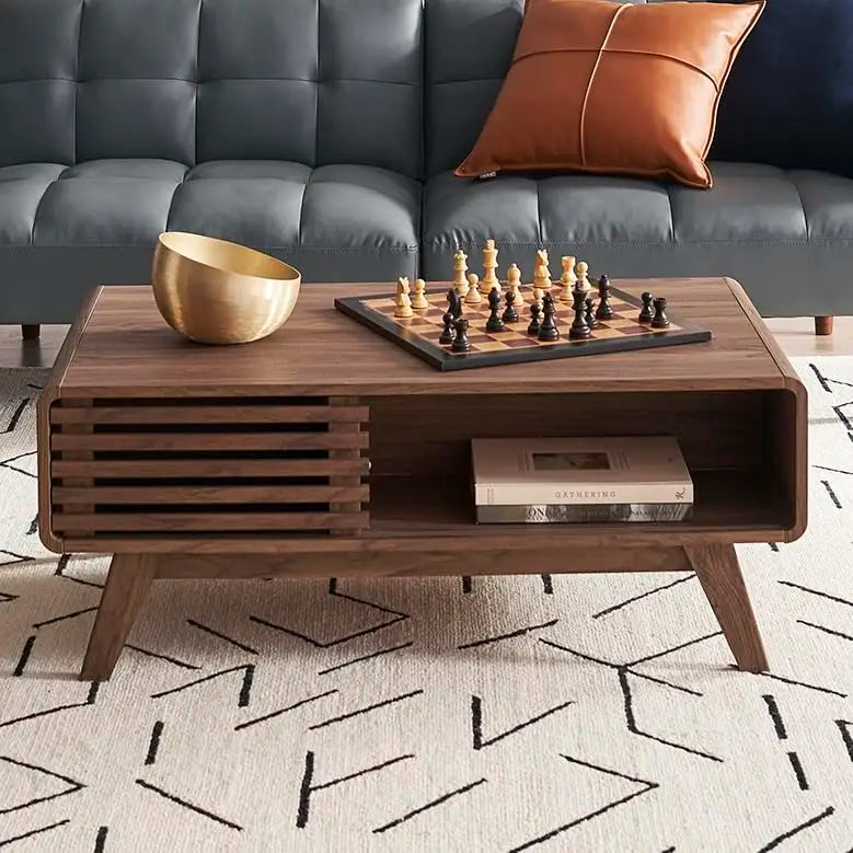 mopio Ensley Coffee Table with Storage, Mid Century Modern, Farmhouse Wood Coffee Table for Living Room Fluted (Oak)