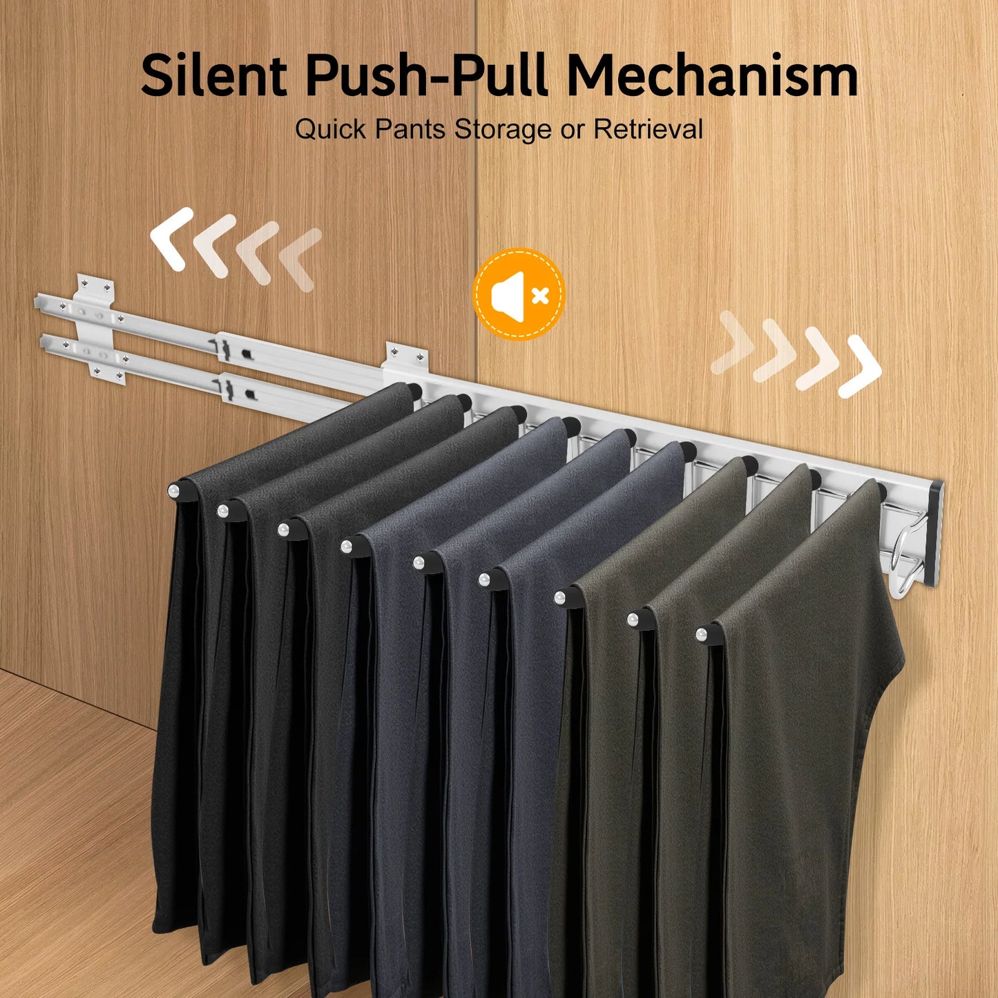 9-Rod Wall Mount Pants Rack 16kg Load Silent Push-Pull Slide Flocking Coating for Pants Ties Scarves Closet Organizer