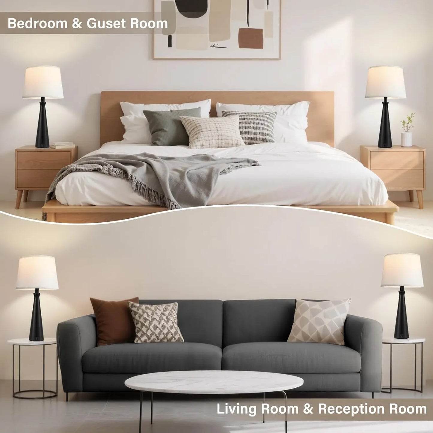 Modern Table Lamps Set of 2 - Touch Bedside Lamp with Dual USB C+A, 3-Way Dimmable Nightstand Lamps for Living Room Bedroom End