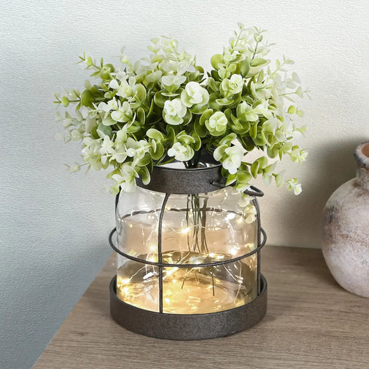 Vintage Glass Farmhouse Vase - Handmade Rustic Lantern Planter with Bonus Artificial Flowers & LED Lights (Home Decor Centerpiec