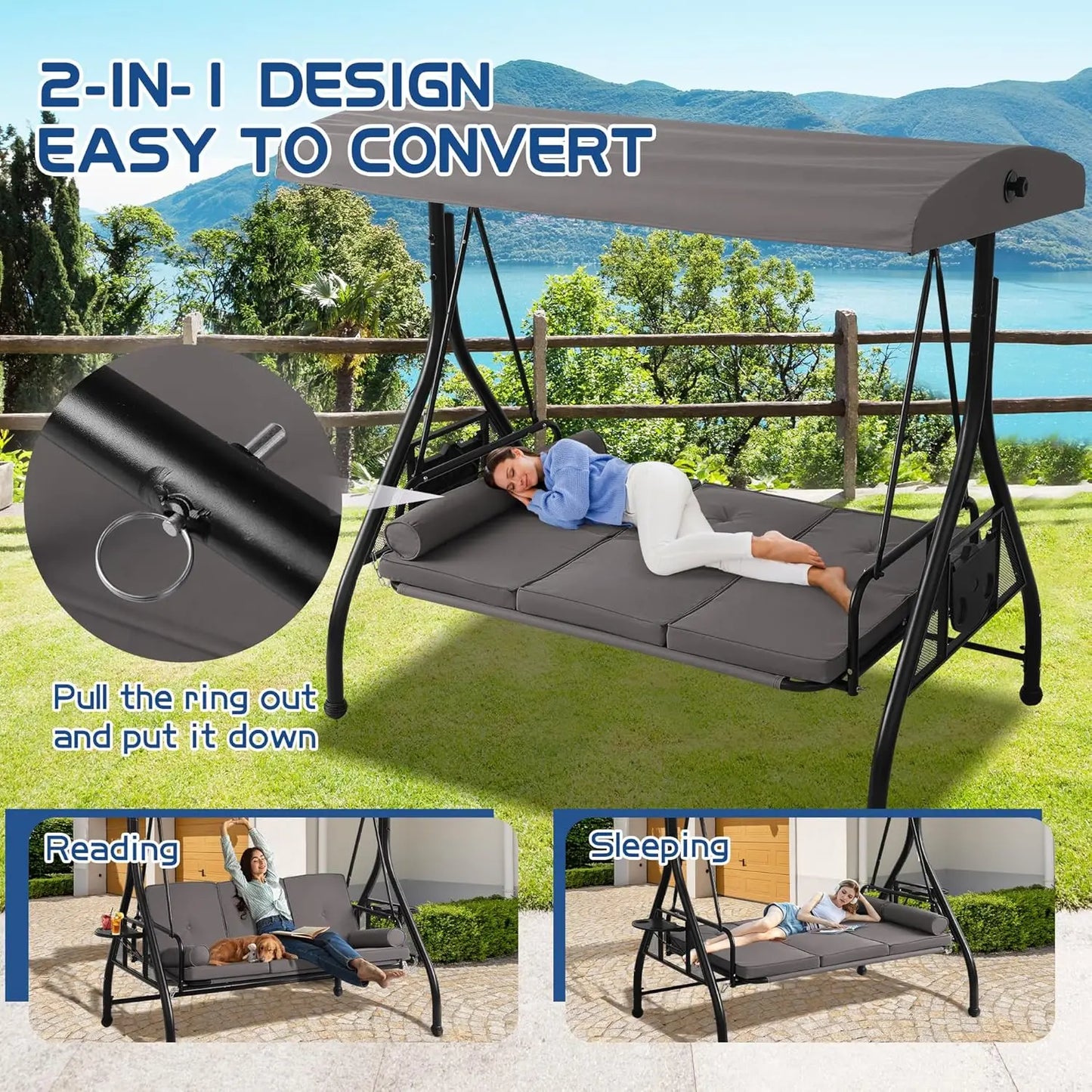 3-Seat Outdoor Porch Swing with Adjustable Canopy, Convertible Swings Bed with Stand, Patio Glider with Cushion, Customized