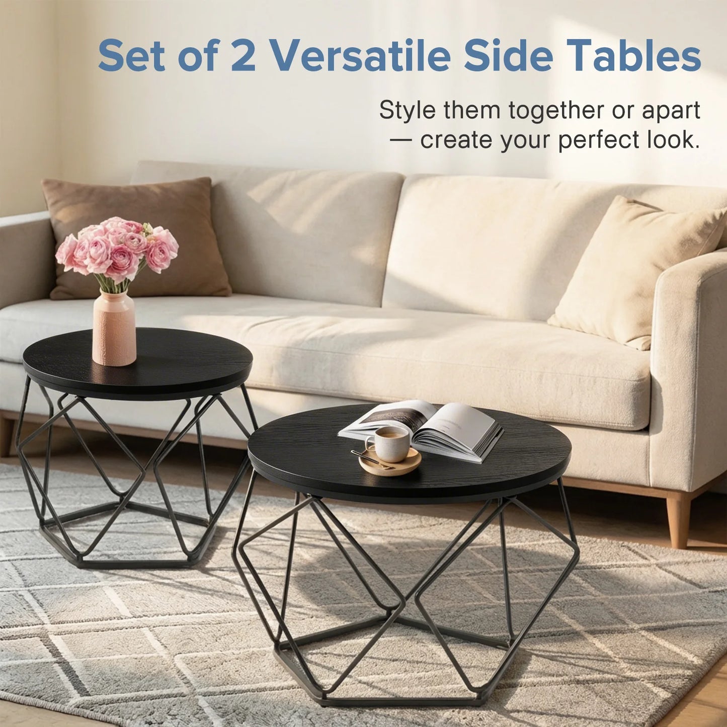 20IN Round Geometric Coffee Table Set of 2 Movable End Tables for Living Room Nesting Side Tables with Hidden Storage