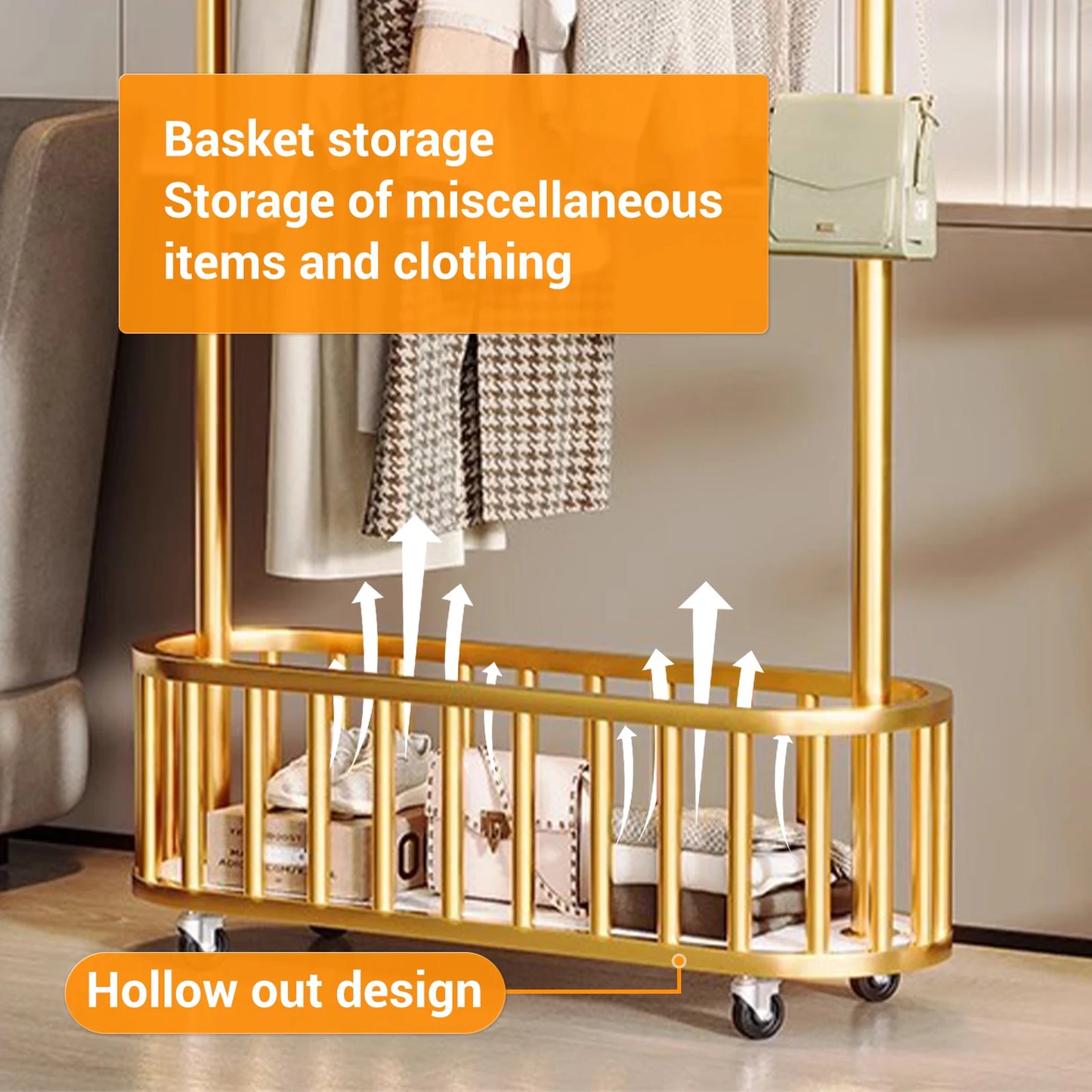 Clothes Rail Movable Clothes Hanging Coat Rack with Storage Basket for Hanging Clothes Coats Dresses for Bedroom Closet Laundry