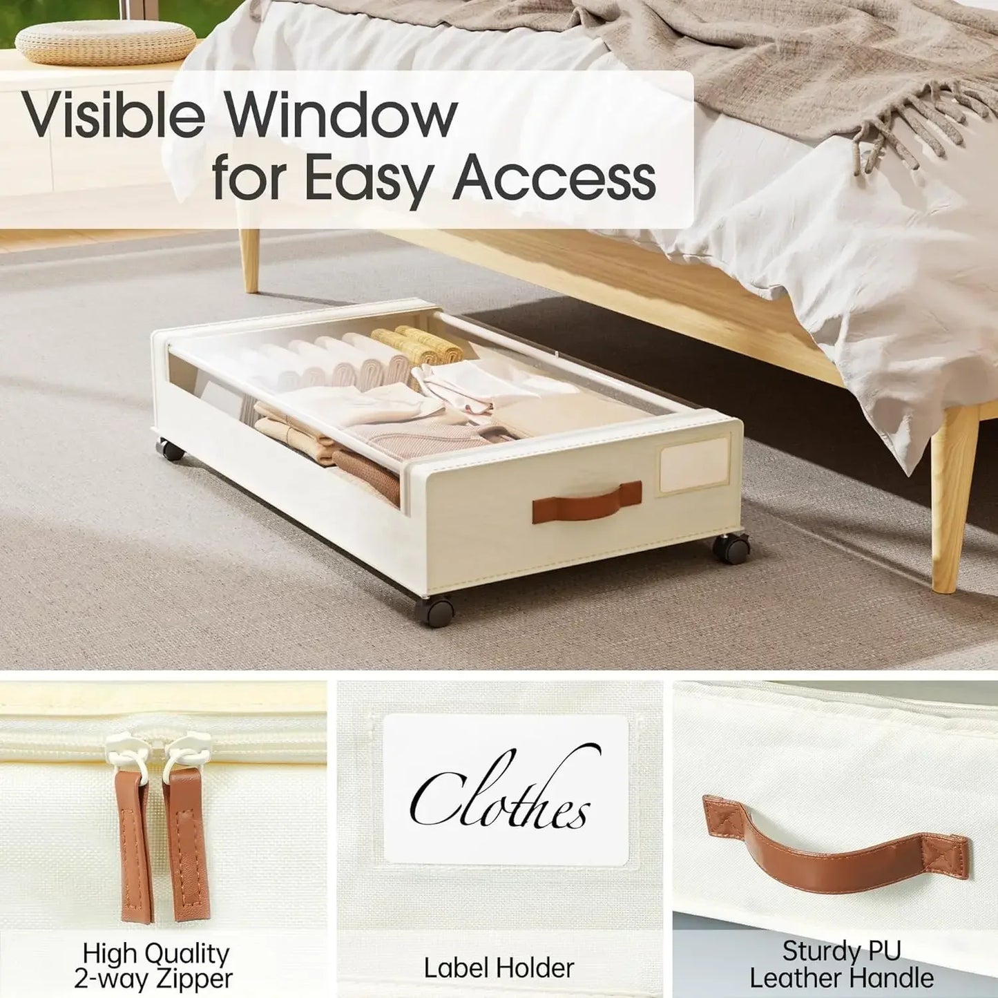 4 Pack Under Bed Storage with Wheels, Under Bed Storage Containers with Lids, Large Under Bed Rolling Storage with Clear Window