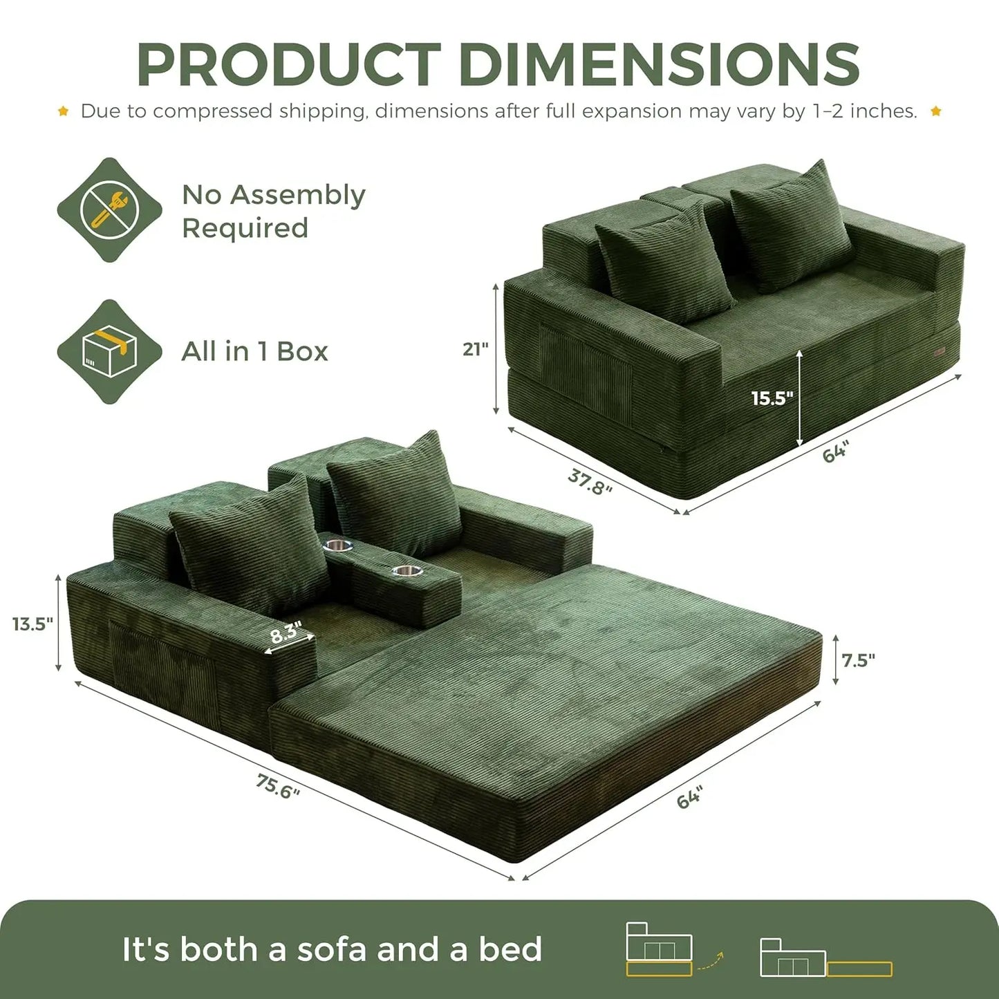 64in Foldable Loveseat Sofa Bed 4-in-1 Recliner Sleeper w 2 Cup Holders Floor Couch Living Room No Assembly Green Customized