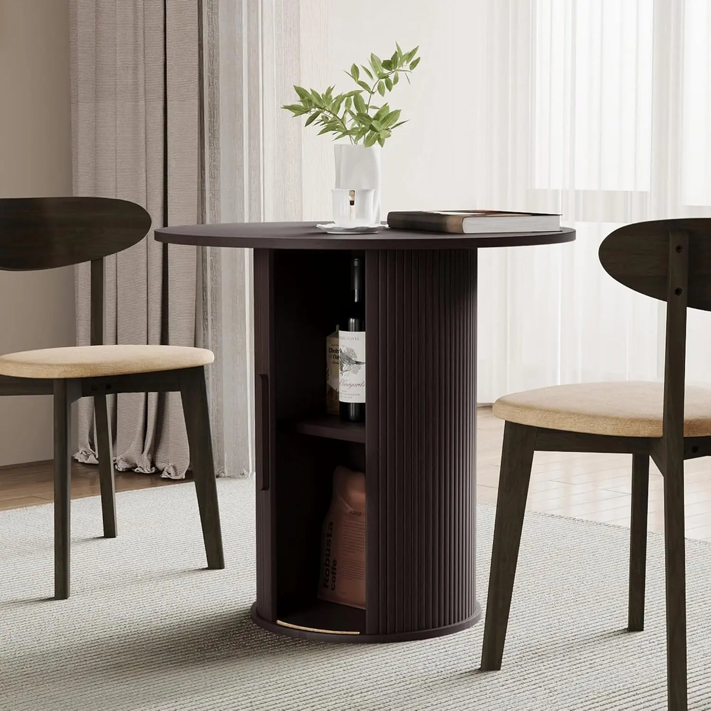 43"-59" Extendable Round to Oval Dining Table with Hidden Storage, Modern Wooden Kitchen Table with Fluted Sliding Door, Custom