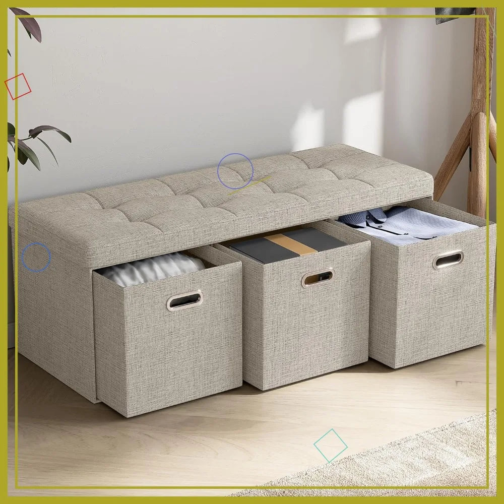 40 Inch Foldable Storage Ottoman Bench with 3 Drawers, Tufted Linen Fabric, Large Foot Rest Stool for Living Room Bedroom