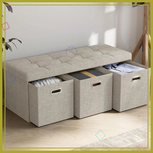 40 Inch Foldable Storage Ottoman Bench with 3 Drawers, Tufted Linen Fabric, Large Foot Rest Stool for Living Room Bedroom