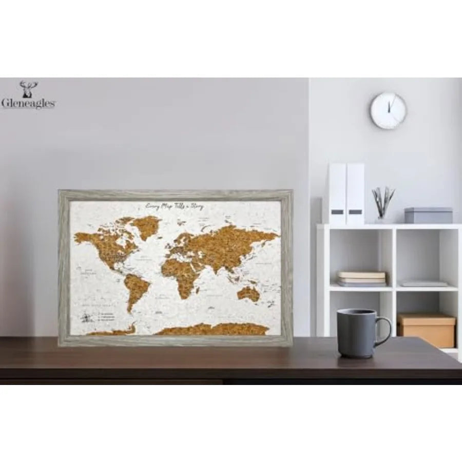 World Map Pin Board Travel Map Frame Framed Pinboard Cork Wooden Design 70 Push Pins Included 14.2'' x 21.2'' Personalised Home