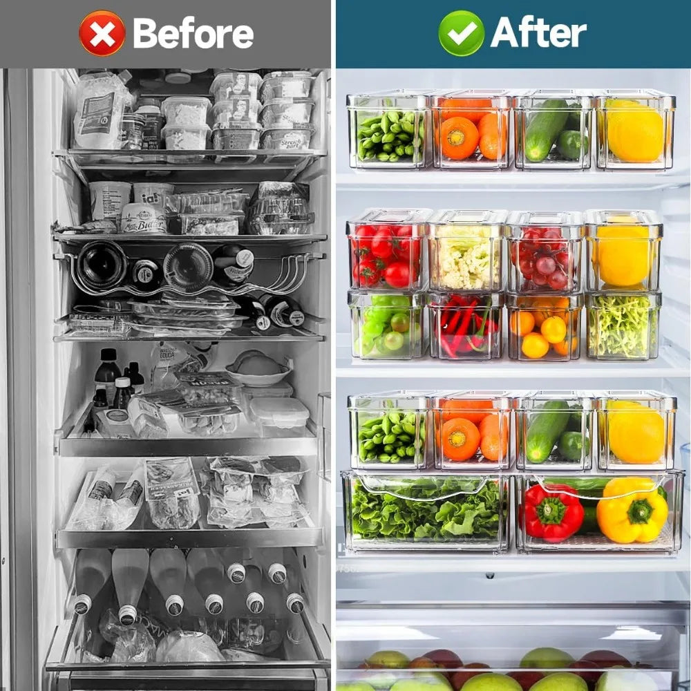 14 Pack Fridge Organizers with Lids, BPA-Free Clear Storage Bins for Vegetables, Fruits, Drinks, Cereals - 3 Sizes Stackable