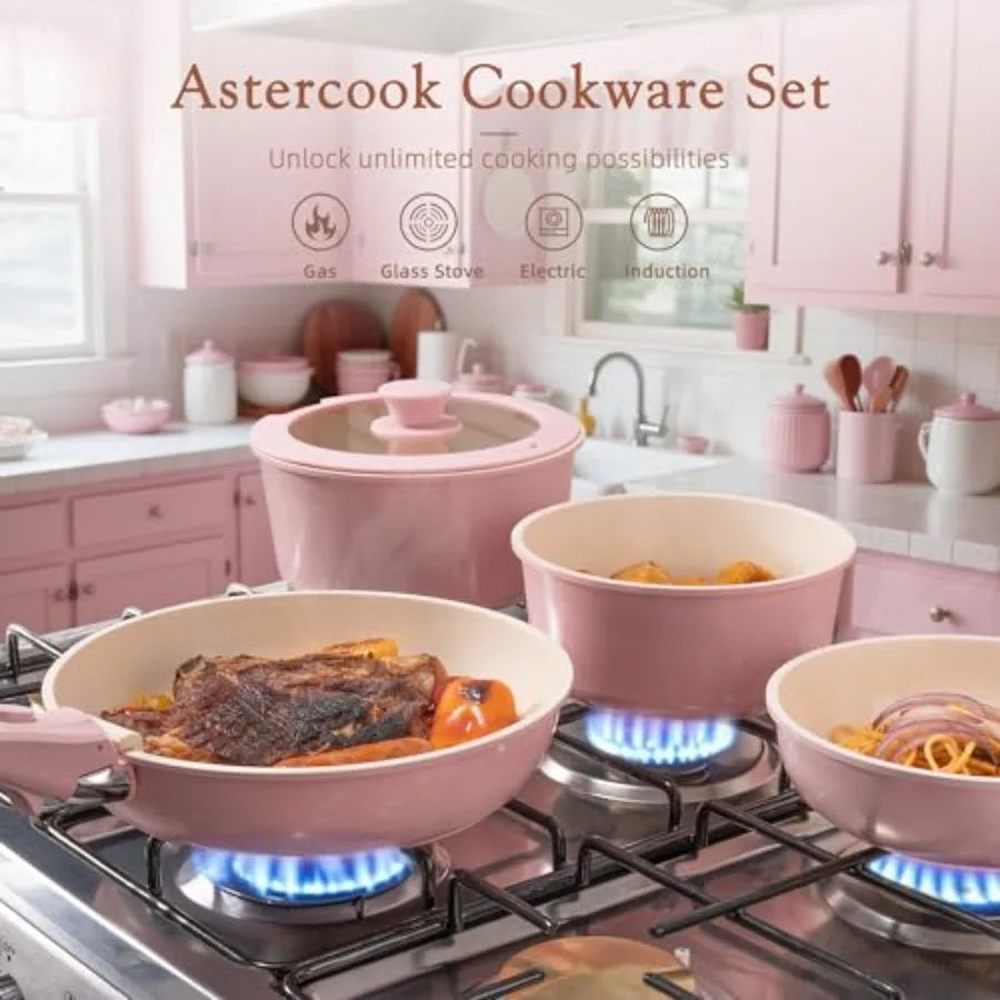 Pots and Pans Set Non Stick, Ceramic Cookware Set Detachable Handle, RV Kitchen Cooking Set Removable Handles, Oven Safe, Induc