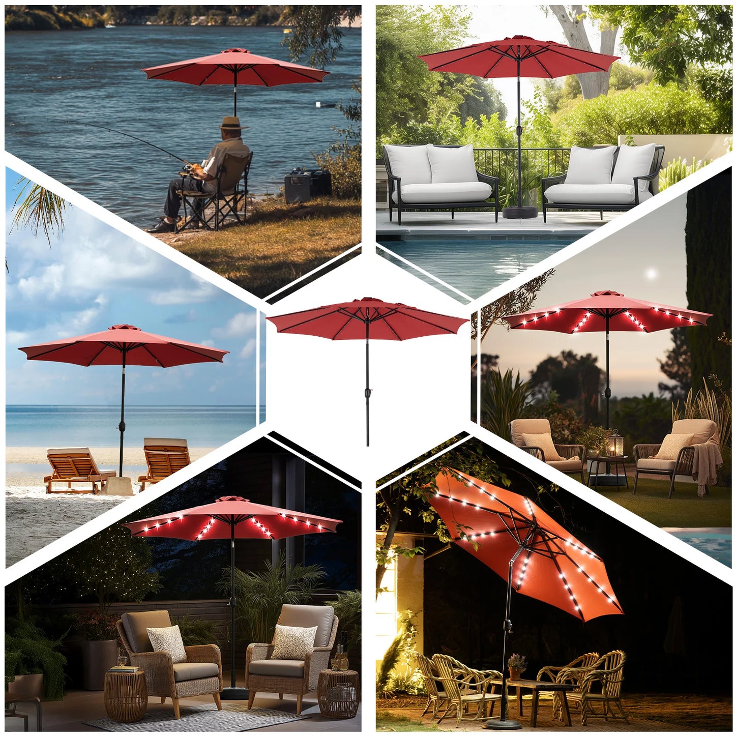 10FT Solar Patio Umbrella with 32 LED Lights UV-Resistant Outdoor Table Umbrella with Tilt and Crank for Backyard Garden