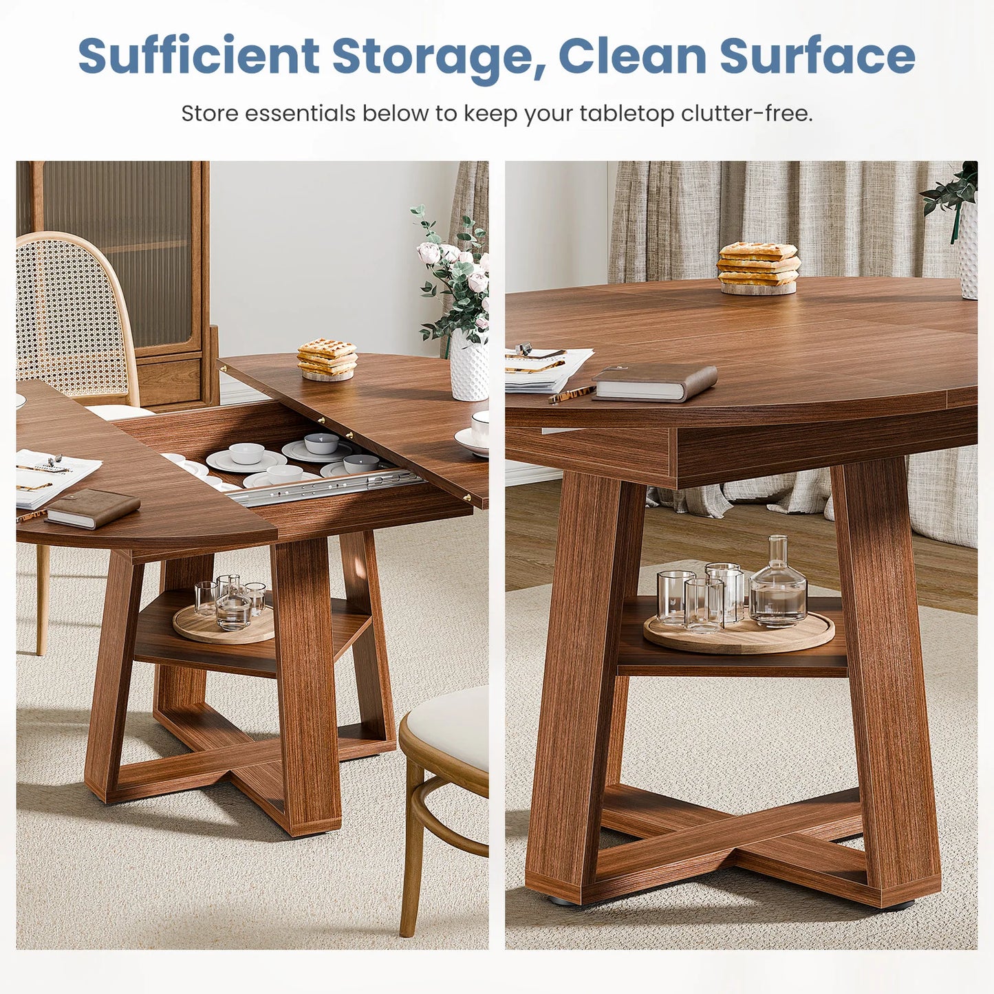 JHK Extendable Wood Round Dining Table Modern Kitchen Oval Dinner Table with Storage Shelf Pedestal Base Space Saving For Home