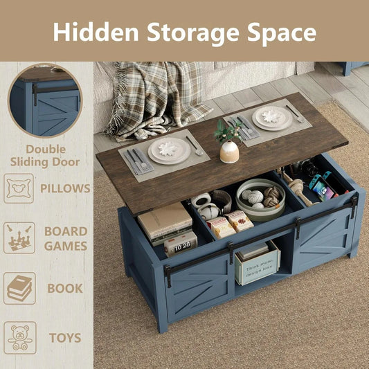 47.3-inch Farmhouse-style Coffee Table with Sliding Barn Door, Modern Wooden Height-adjustable Coffee Table,Customizable