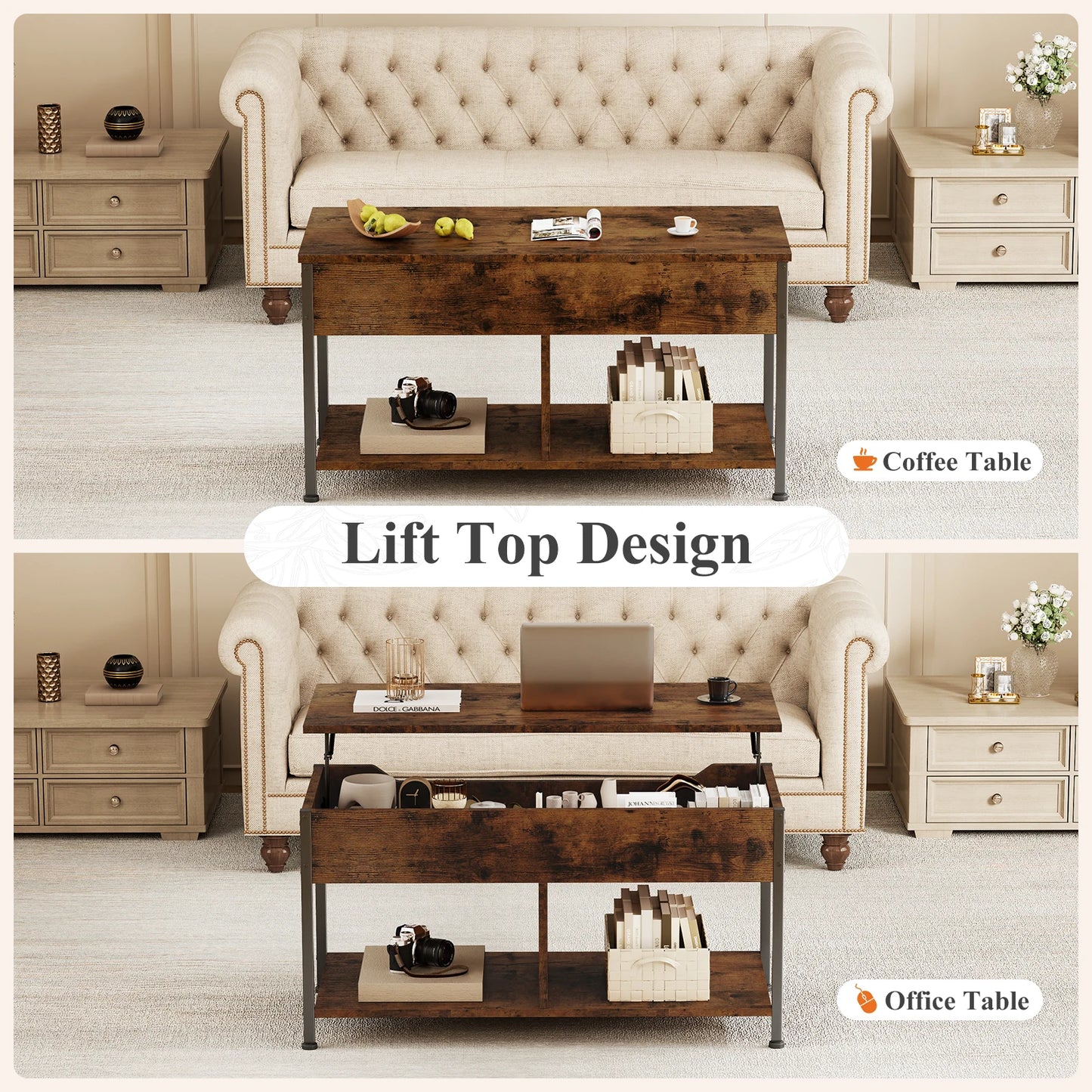 MCQ 39IN Lift Top Coffee Table with Storage For Living Room Wood Adjustable 2 Shelves Easy Lift Or Lower For Tea Dining Tables