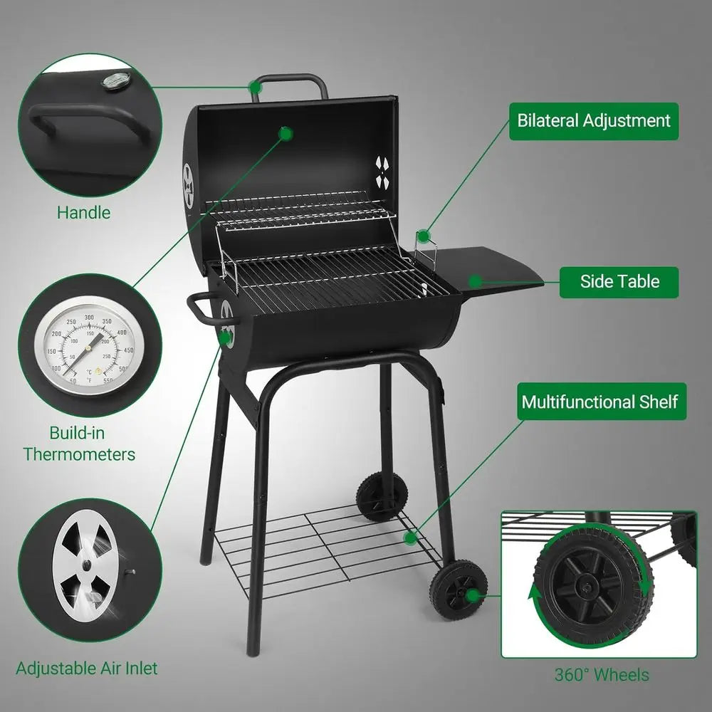 Barrel Charcoal Grill with Side Table, BBQ Grill Outdoor Smoker Grill with Wheels for Party Garden Patio and Backyard Cooking 33