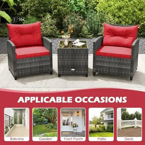 Patio Furniture, 3 Pieces Outdoor Wicker Conversation Set Chairs with Soft Cushions and Glass Coffee Table, Rattan