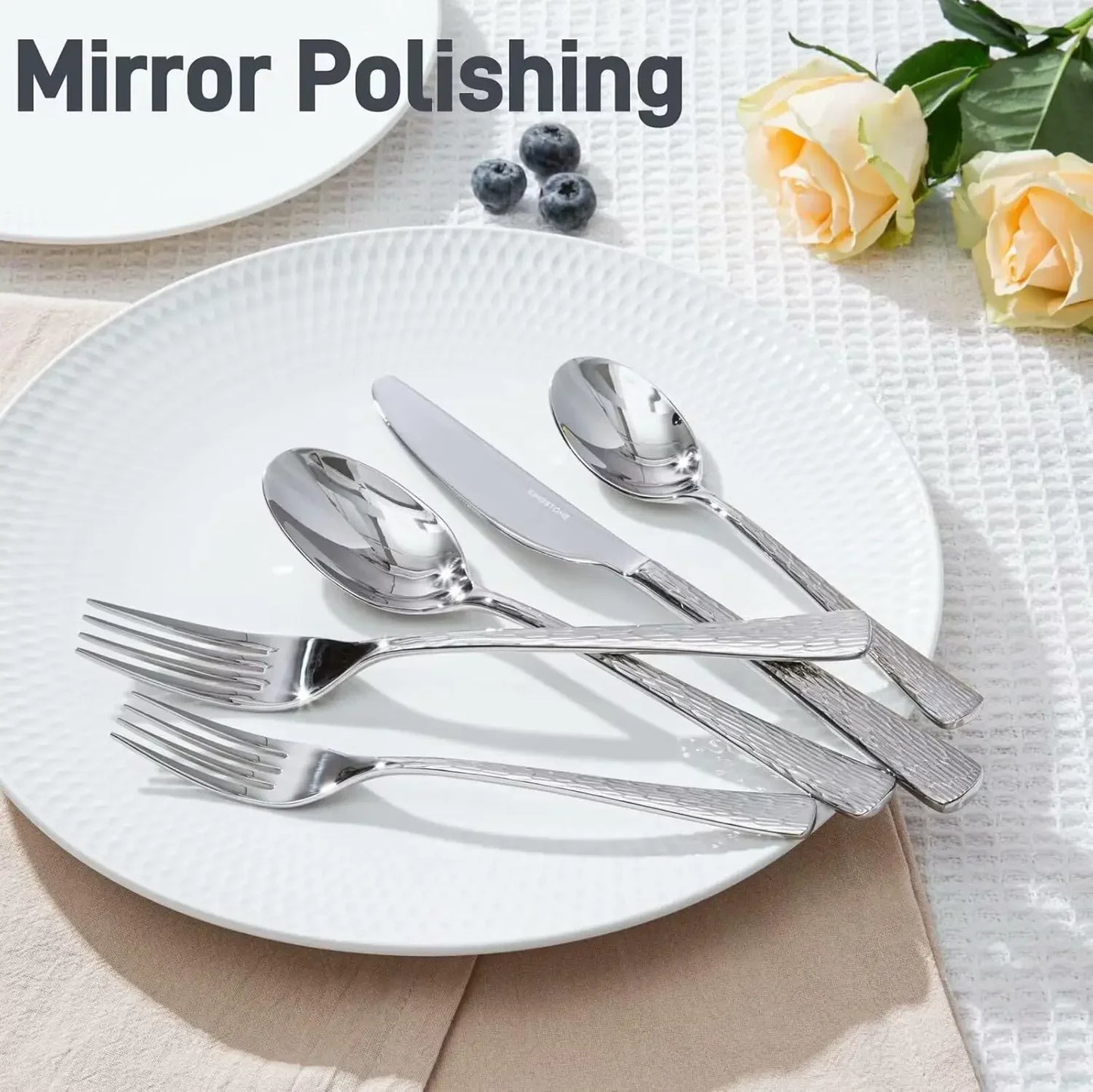 Hammered Silverware Set, Flatware Set with Serving Utensils, 18/10 Stainless Steel Premium Cutlery with Unique Ripple Handles De